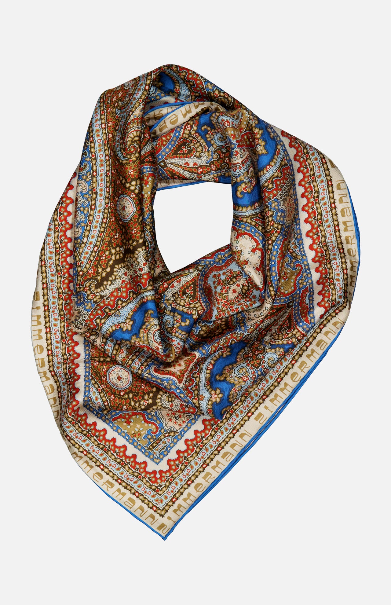 Zimmermann Printed Silk Square 70 Scarf featuring a blue, red, and tan paisley print with a repeating brand name along the border.