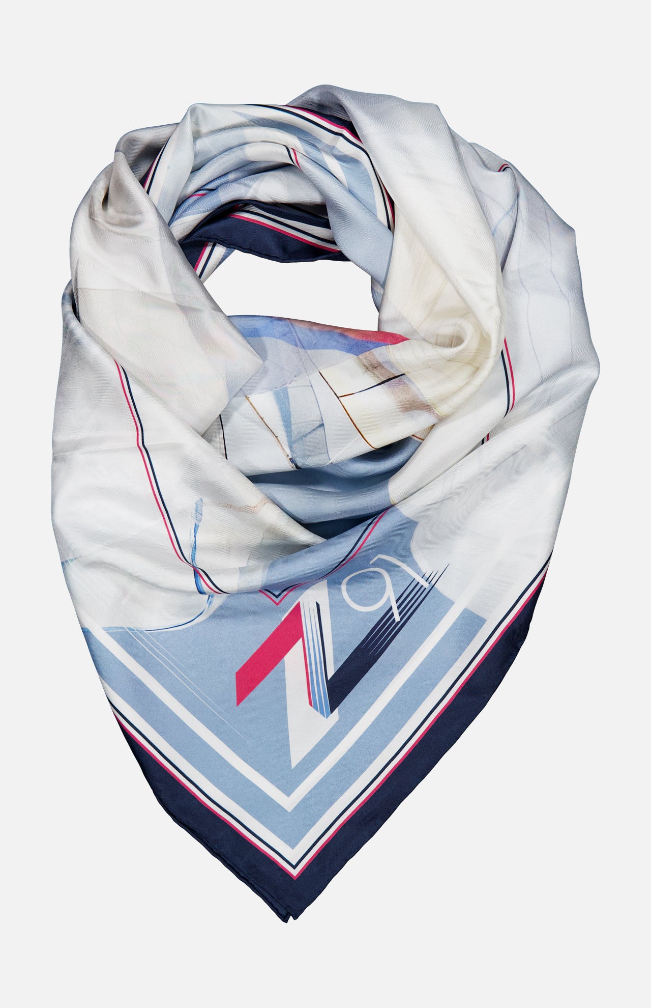 Zimmermann Printed Silk Square 90 Scarf in pale blue and white featuring a sailing scene print, geometric border, and the number 91 in red and blue.