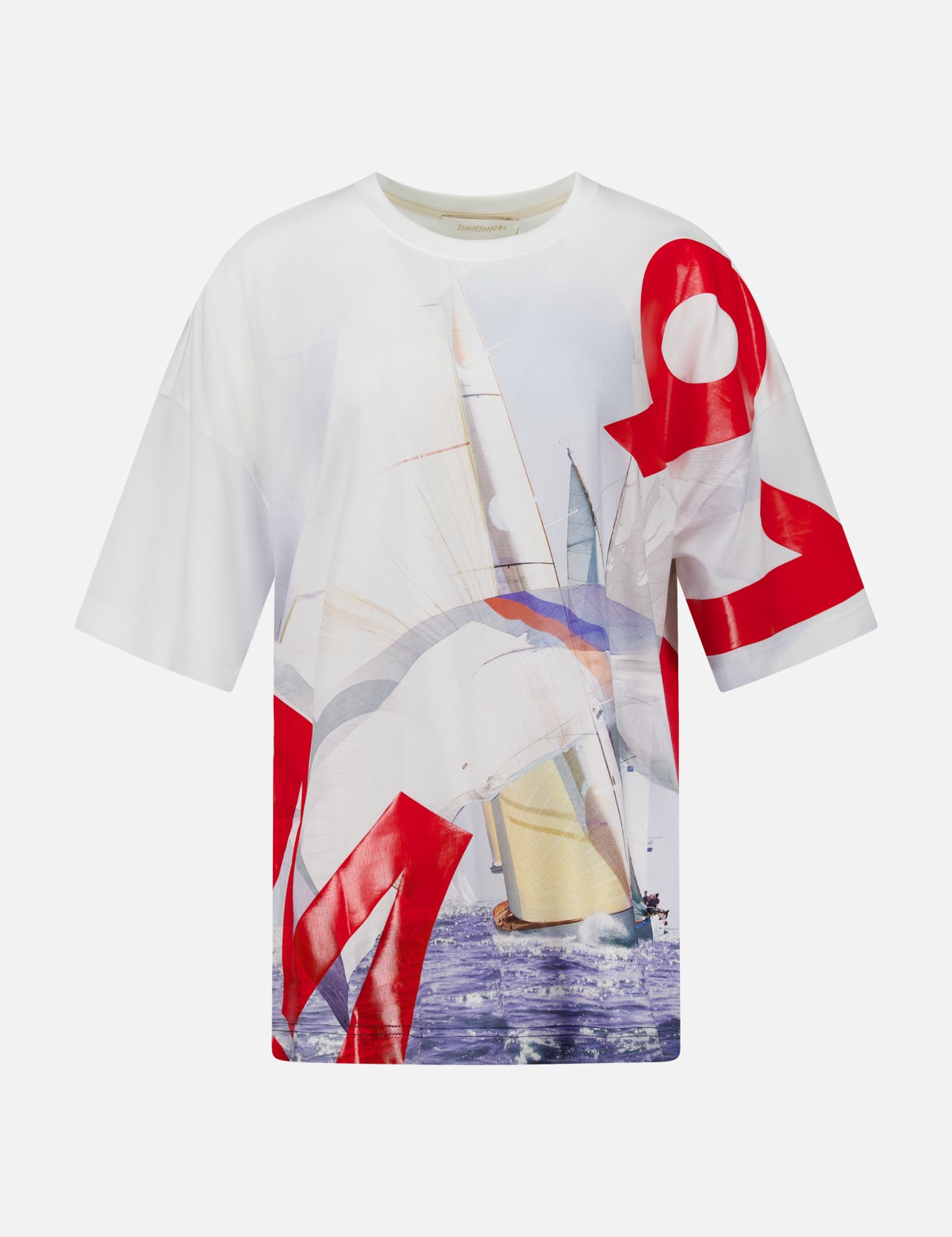 Zimmermann Printed Sailing T-shirt in white cotton, featuring a large graphic of a sailboat on the water with bold red lettering overlaid on the sides.
