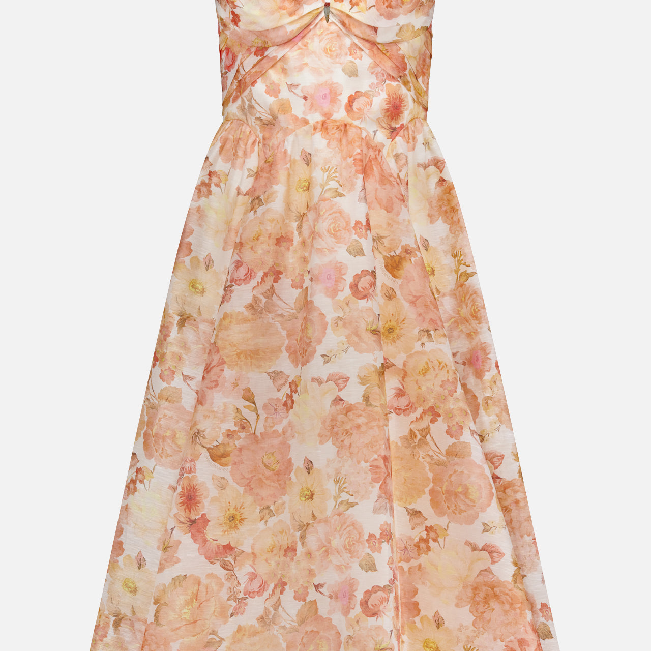 The ZIMMERMANN Rebellion Drape Floral Midi Dress features wide straps, a sweetheart neckline, and a vintage-inspired floral print in soft pink and peach on a light background. Its fitted bodice and gently flared skirt create a flattering silhouette.