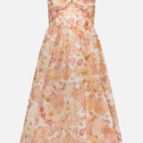 The ZIMMERMANN Rebellion Drape Floral Midi Dress features wide straps, a sweetheart neckline, and a vintage-inspired floral print in soft pink and peach on a light background. Its fitted bodice and gently flared skirt create a flattering silhouette.