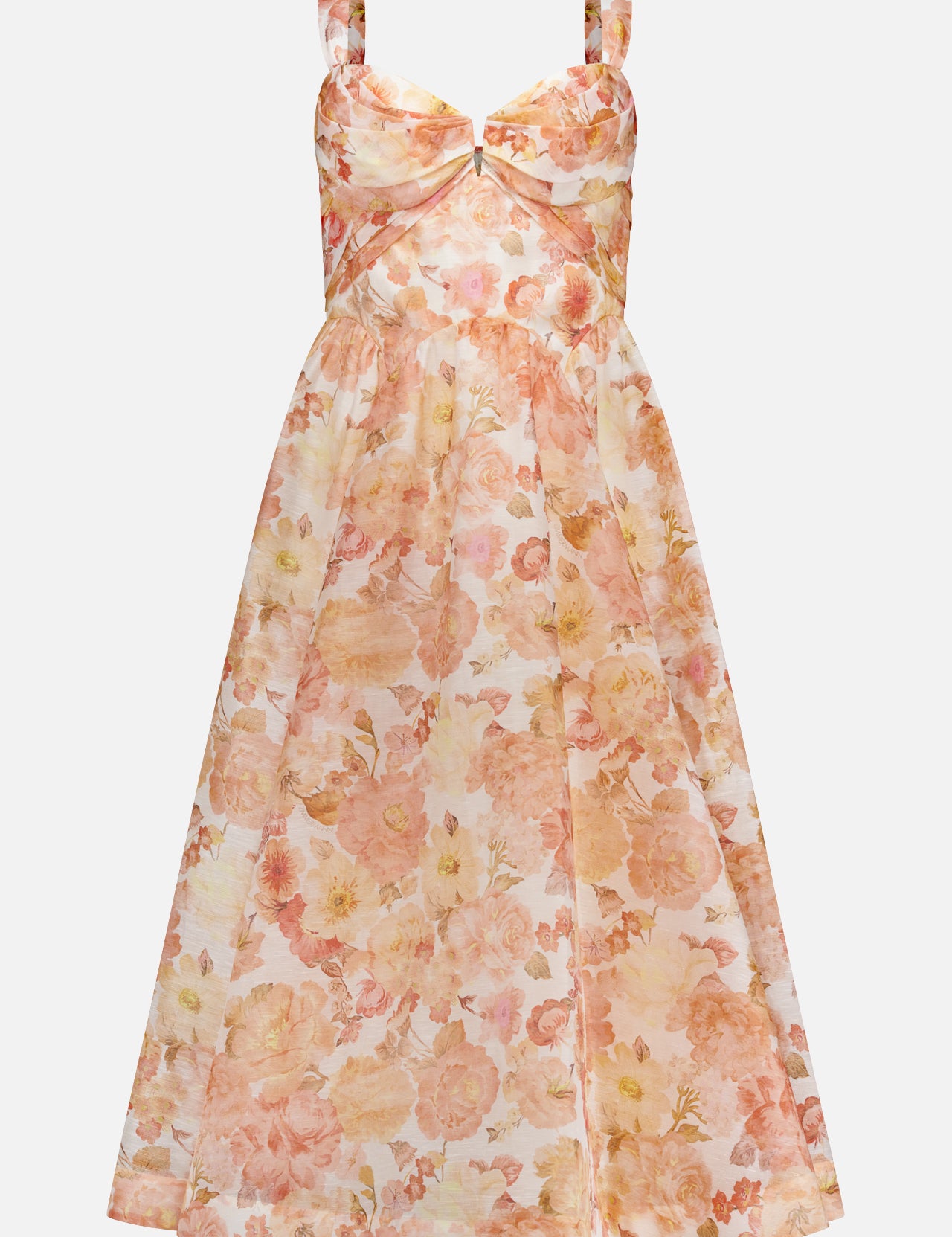 The ZIMMERMANN Rebellion Drape Floral Midi Dress features wide straps, a sweetheart neckline, and a vintage-inspired floral print in soft pink and peach on a light background. Its fitted bodice and gently flared skirt create a flattering silhouette.