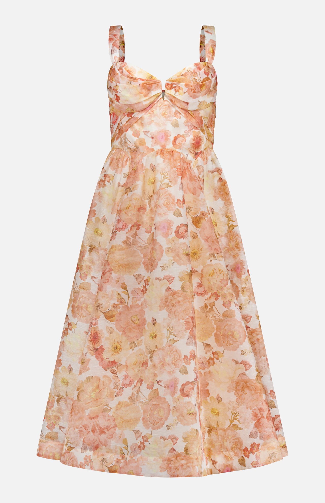 The ZIMMERMANN Rebellion Drape Floral Midi Dress features wide straps, a sweetheart neckline, and a vintage-inspired floral print in soft pink and peach on a light background. Its fitted bodice and gently flared skirt create a flattering silhouette.