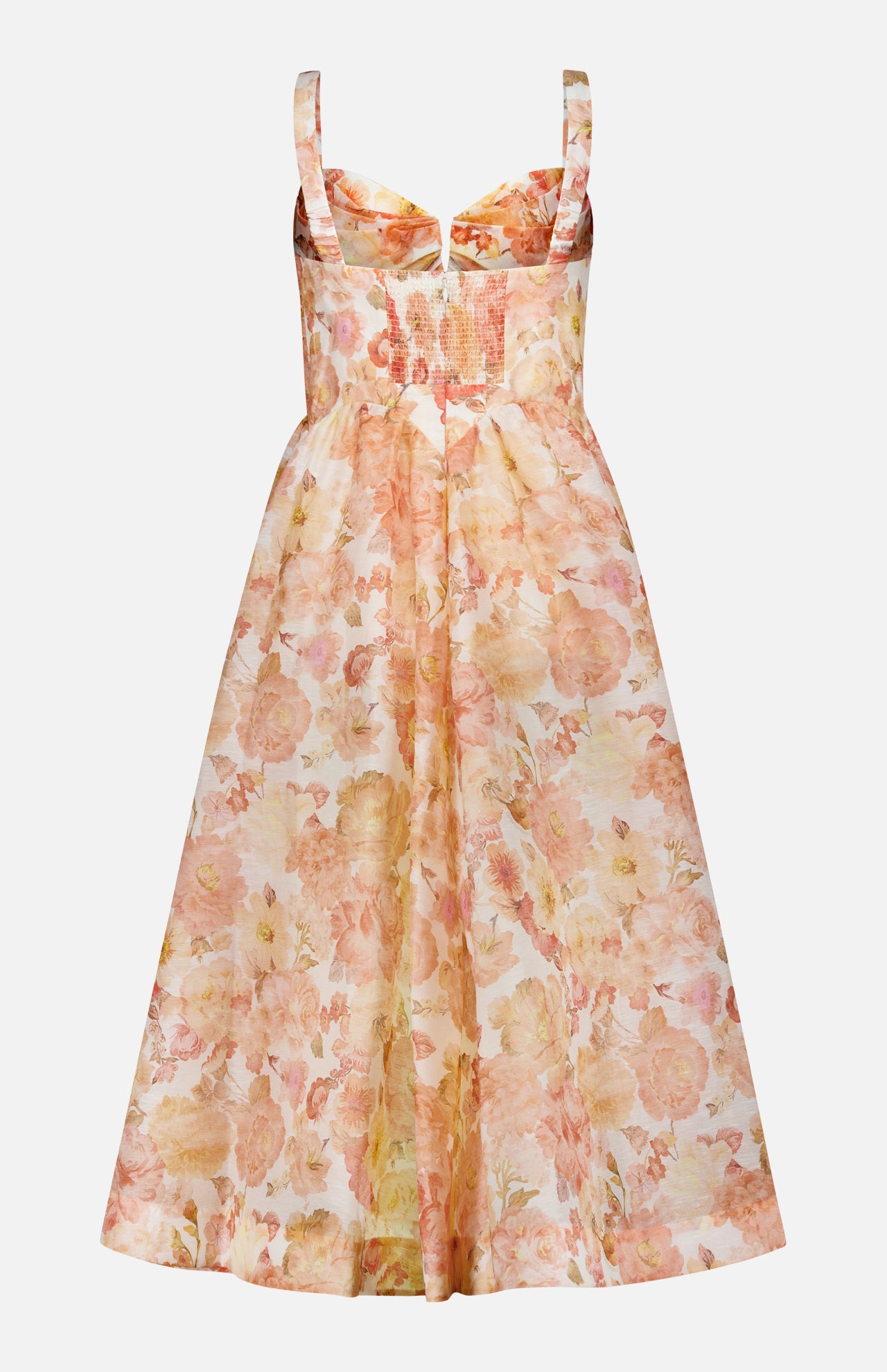 The ZIMMERMANN Rebellion Drape Floral Midi Dress is a sleeveless, vintage-inspired silk-linen organza A-line dress with a fitted bodice, gathered peach and gold floral skirt, wide straps, and a subtle sweetheart neckline.
