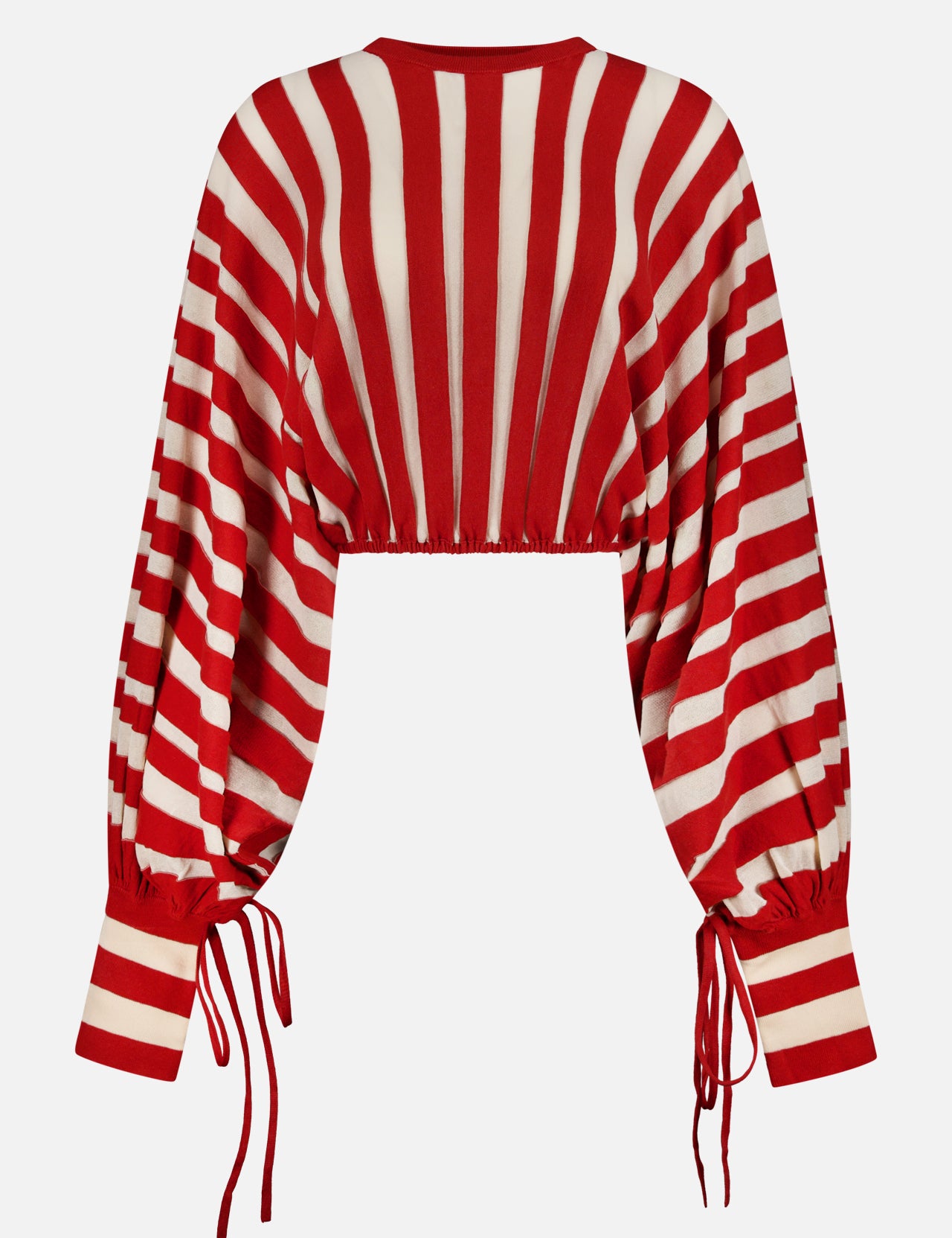 The ZIMMERMANN Rebellion Drawn Cuff Sweater features a cropped fit, long blouson sleeves, red and cream vertical and diagonal stripes, and cinched cuffs and hem with adjustable drawstrings for a bold look.