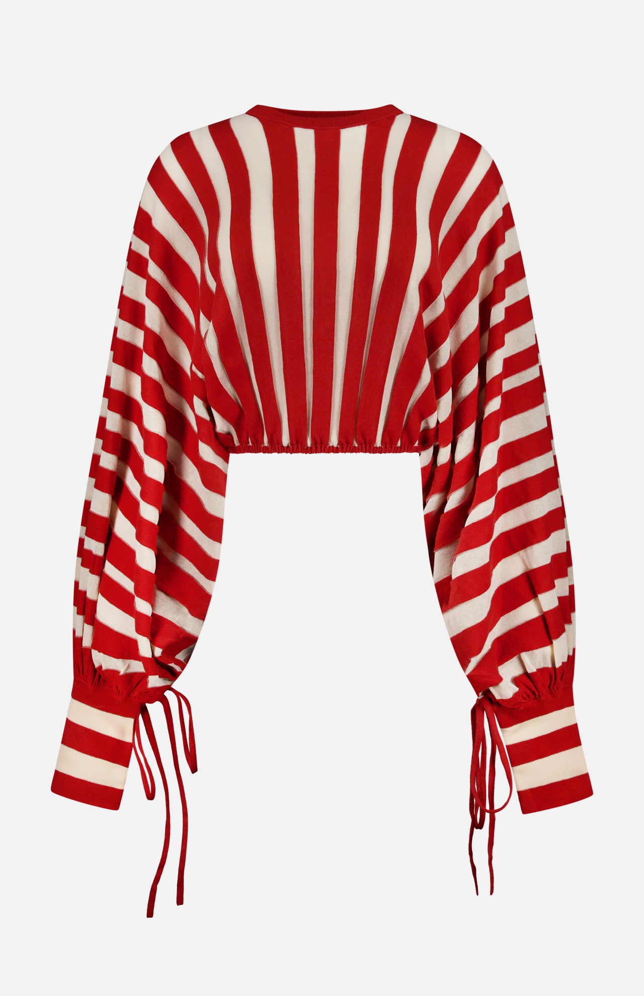 The ZIMMERMANN Rebellion Drawn Cuff Sweater features a cropped fit, long blouson sleeves, red and cream vertical and diagonal stripes, and cinched cuffs and hem with adjustable drawstrings for a bold look.