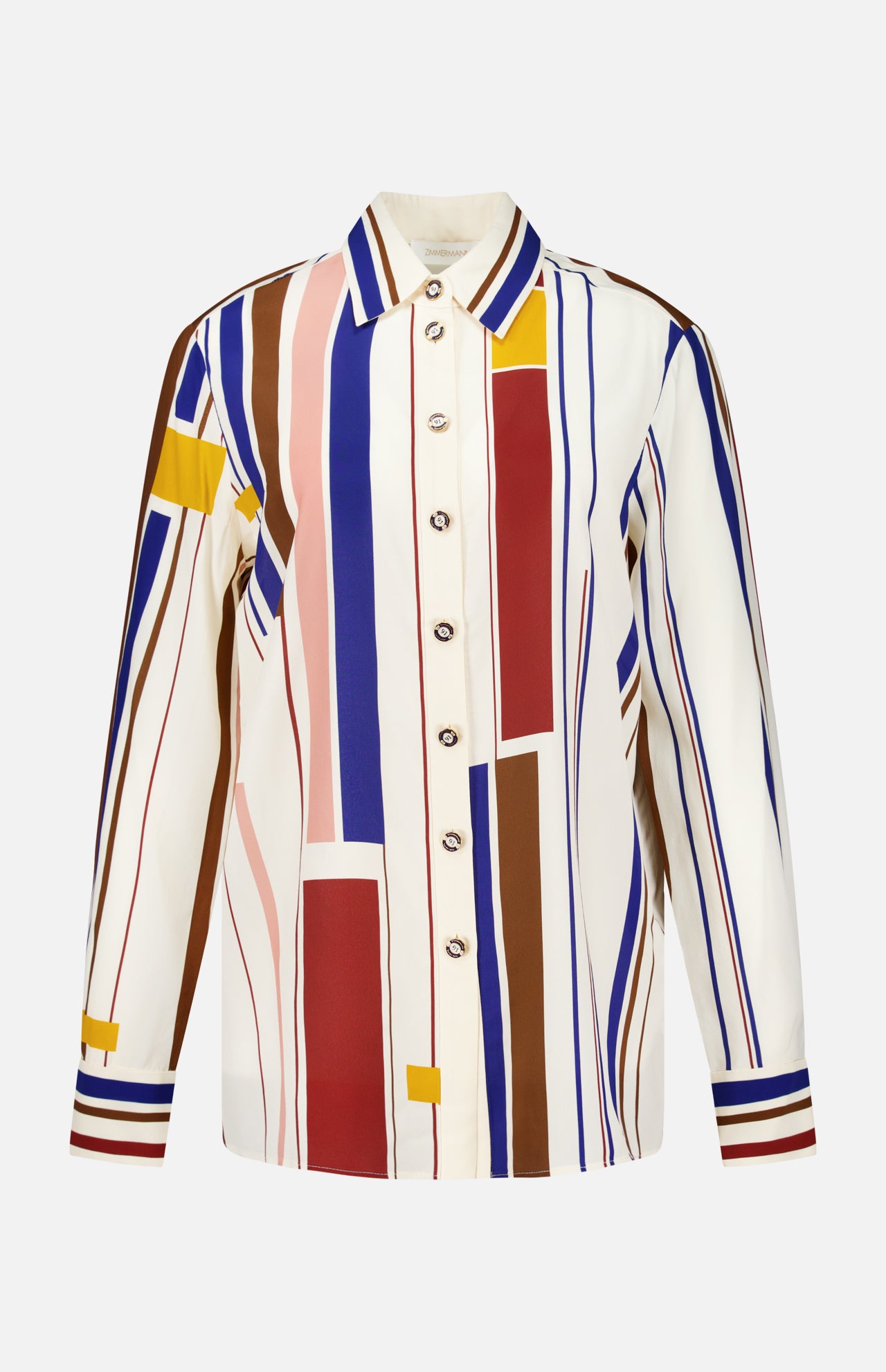 Zimmermann Stripe Relaxed Shirt in off-white with a vertical pattern of bold stripes and solid rectangular blocks in red, blue, brown, and yellow.