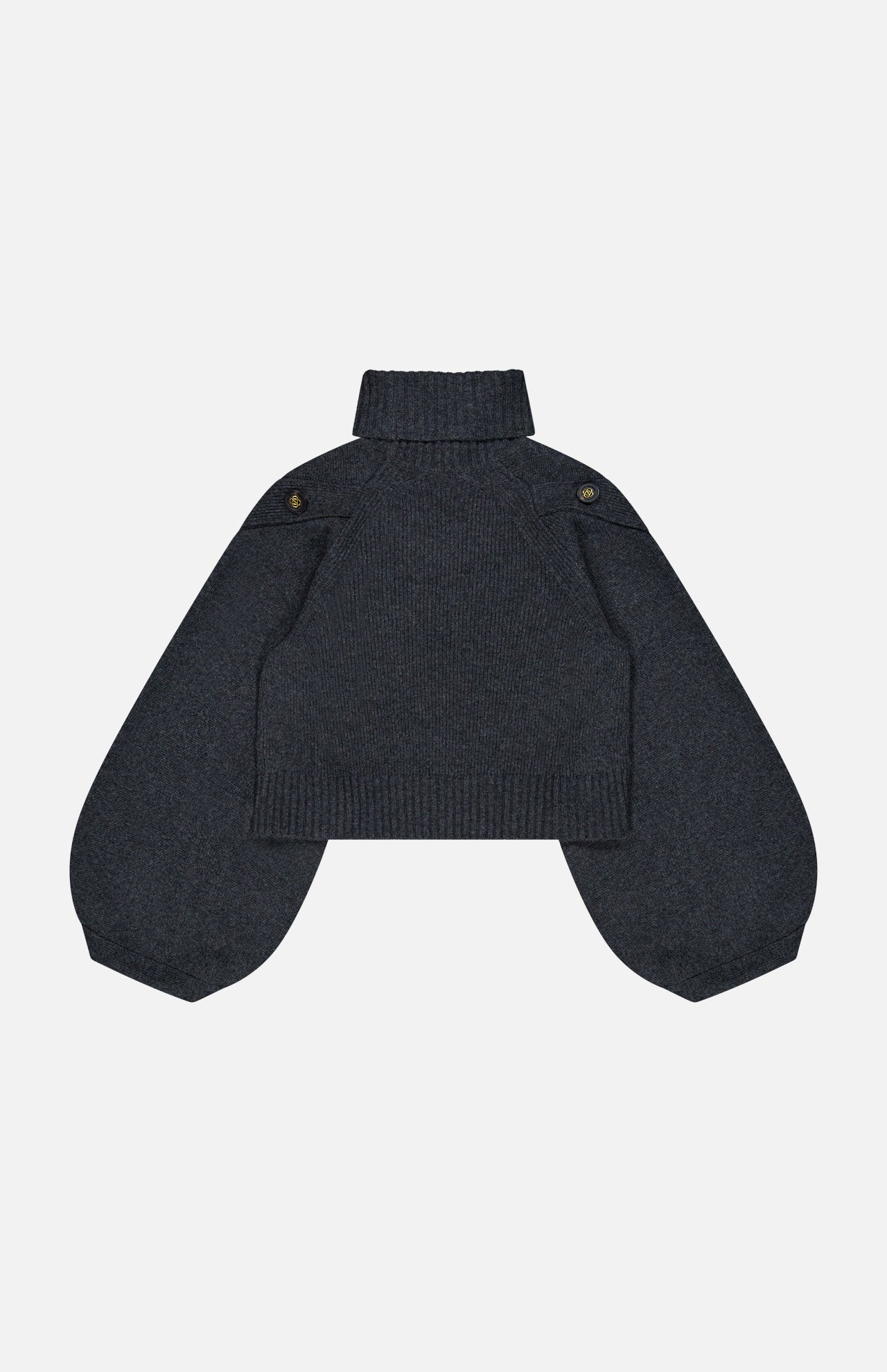 The Valiant Buttoned Sweater by ZIMMERMANN is a dark gray, cropped knit turtleneck featuring ribbed cuffs and hem, puffed long sleeves, and distinctive button details on the shoulders. This statement piece is shown laid flat against a plain white background.