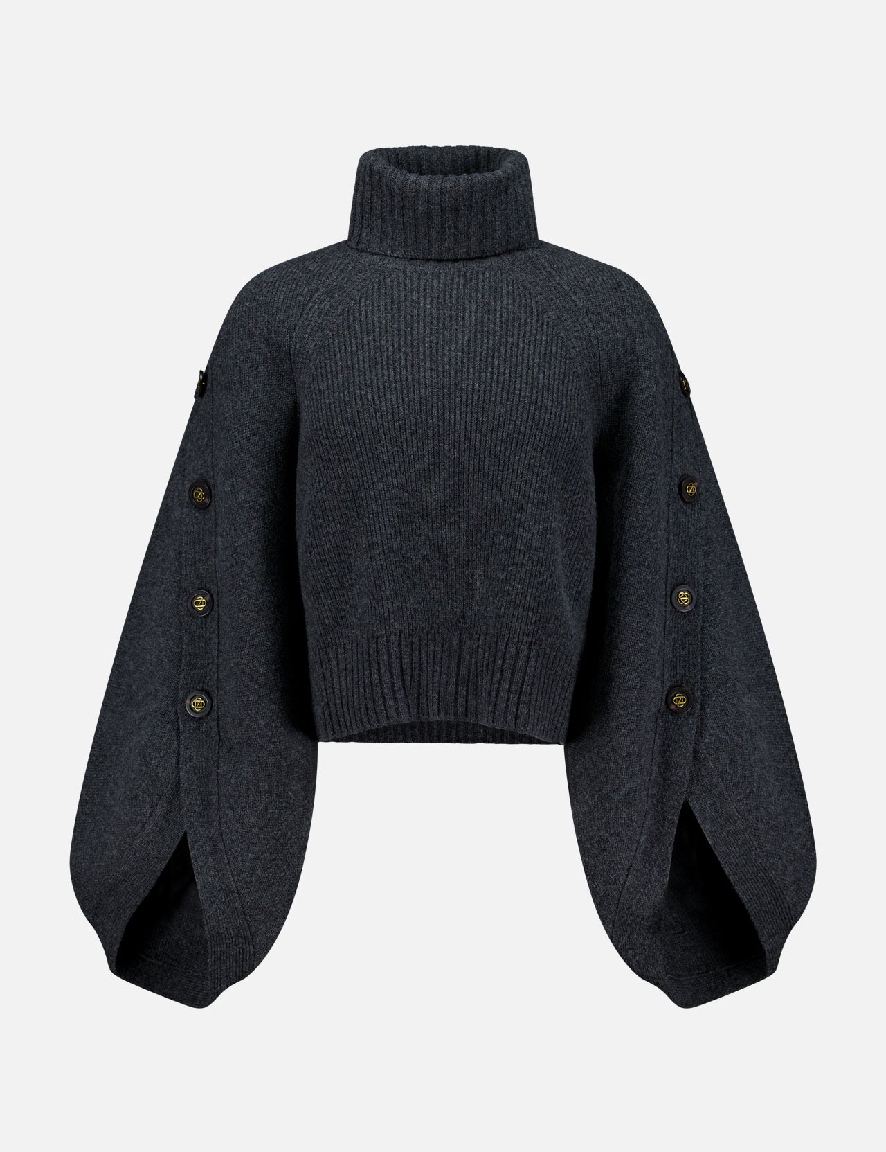 The Valiant Buttoned Sweater by ZIMMERMANN is a dark gray cropped turtleneck with a high neckline and wide, balloon sleeves adorned with button details along the outer seams. Displayed against a plain white background, this statement piece blends modern design and cozy comfort—making it an eye-catching addition to your sweater collection.