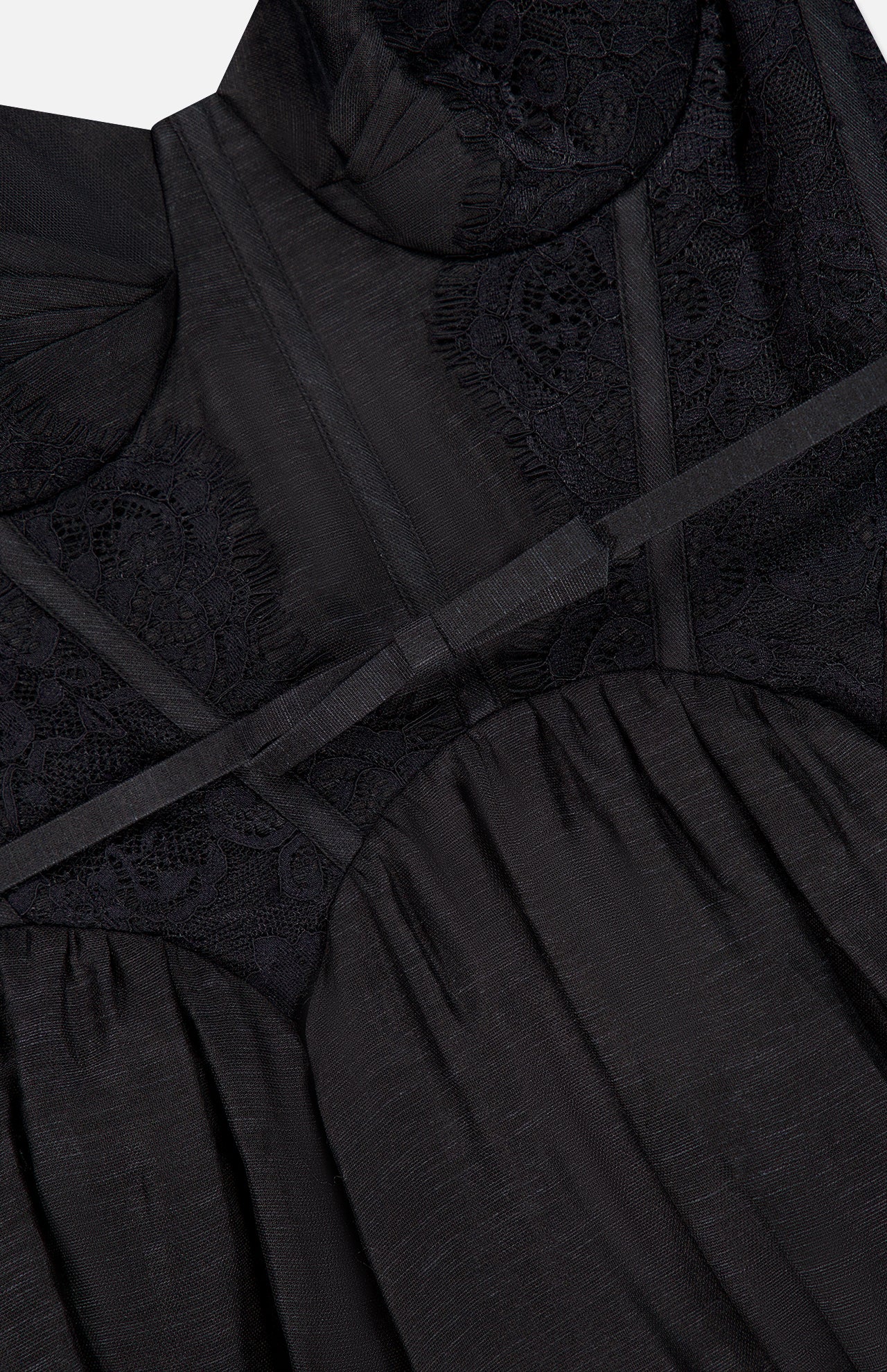 Close-up of the ZIMMERMANN Valiant Lace Trim Midi Dress in black, highlighting its lace details, sheer fabric, and a satin ribbon accent running horizontally across the bodice.