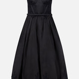 The Valiant Lace Trim Midi Dress by ZIMMERMANN features a sleeveless black design with a fitted lace bodice, structured cups, thin straps, and a flared mid-length skirt accented by delicate lace trim along the hem.