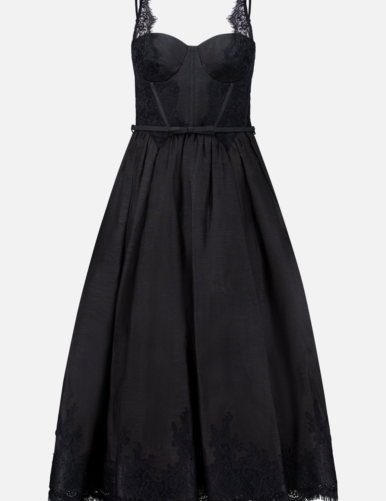The Valiant Lace Trim Midi Dress by ZIMMERMANN features a sleeveless black design with a fitted lace bodice, structured cups, thin straps, and a flared mid-length skirt accented by delicate lace trim along the hem.