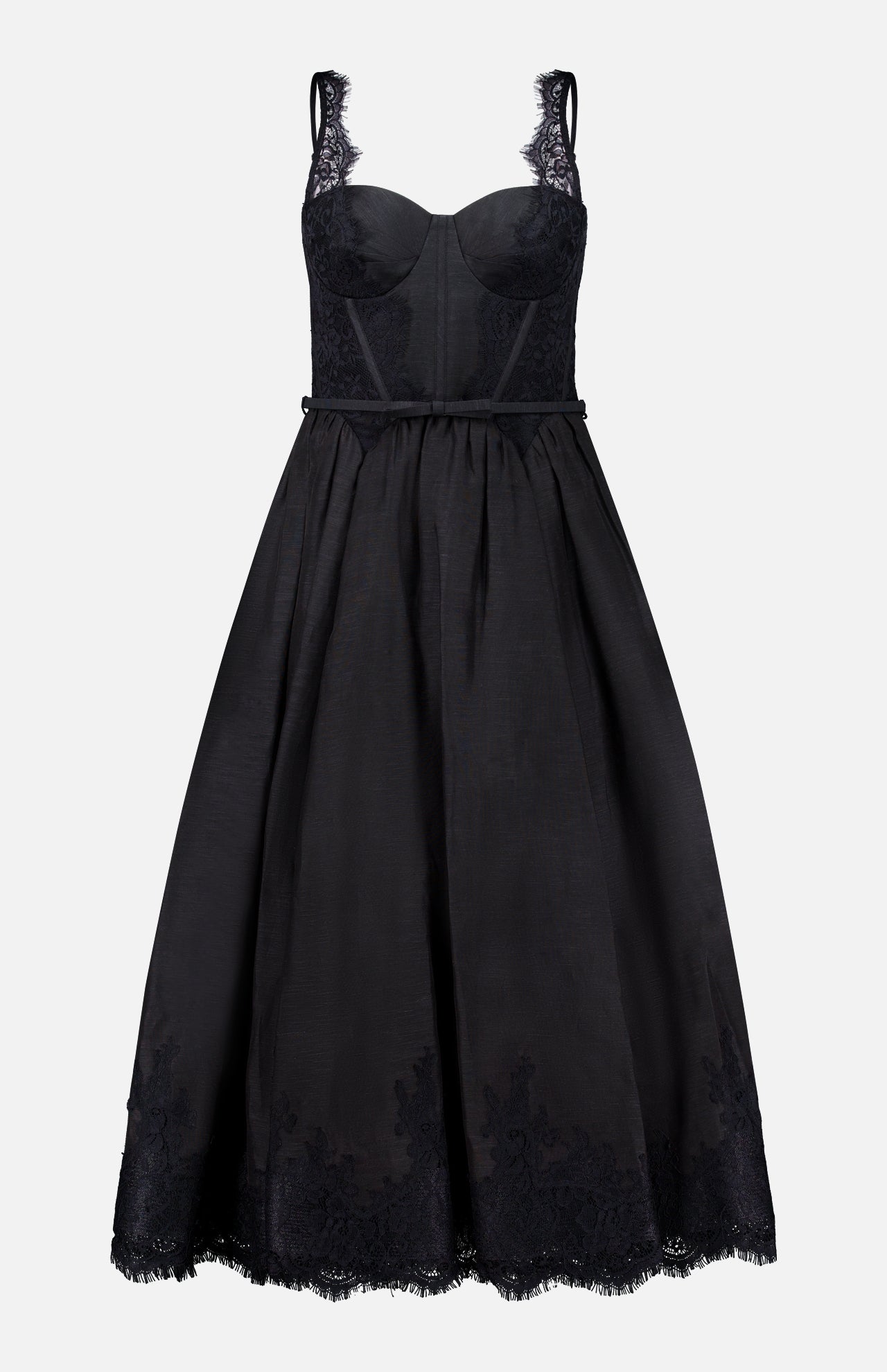The Valiant Lace Trim Midi Dress by ZIMMERMANN features a sleeveless black design with a fitted lace bodice, structured cups, thin straps, and a flared mid-length skirt accented by delicate lace trim along the hem.
