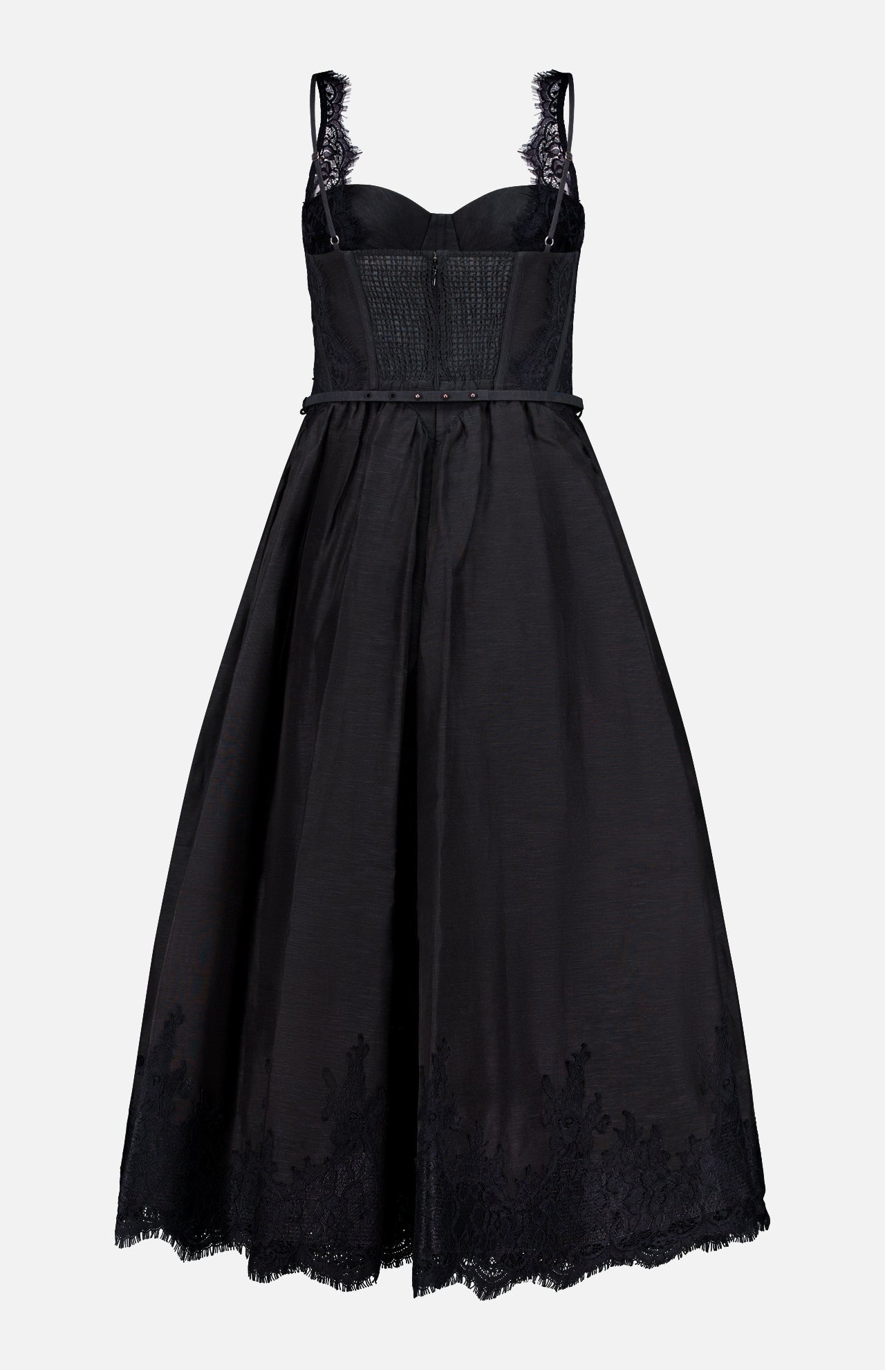 The Valiant Lace Trim Midi Dress by ZIMMERMANN showcases a sleeveless silhouette with lace-trimmed straps, a fitted corset-style bodice, and a slender belt accentuating the waist. Finished with delicate lace detailing along the hem of the full skirt, this elegant black dress is a stunning choice for those seeking refined style and timeless sophistication.
