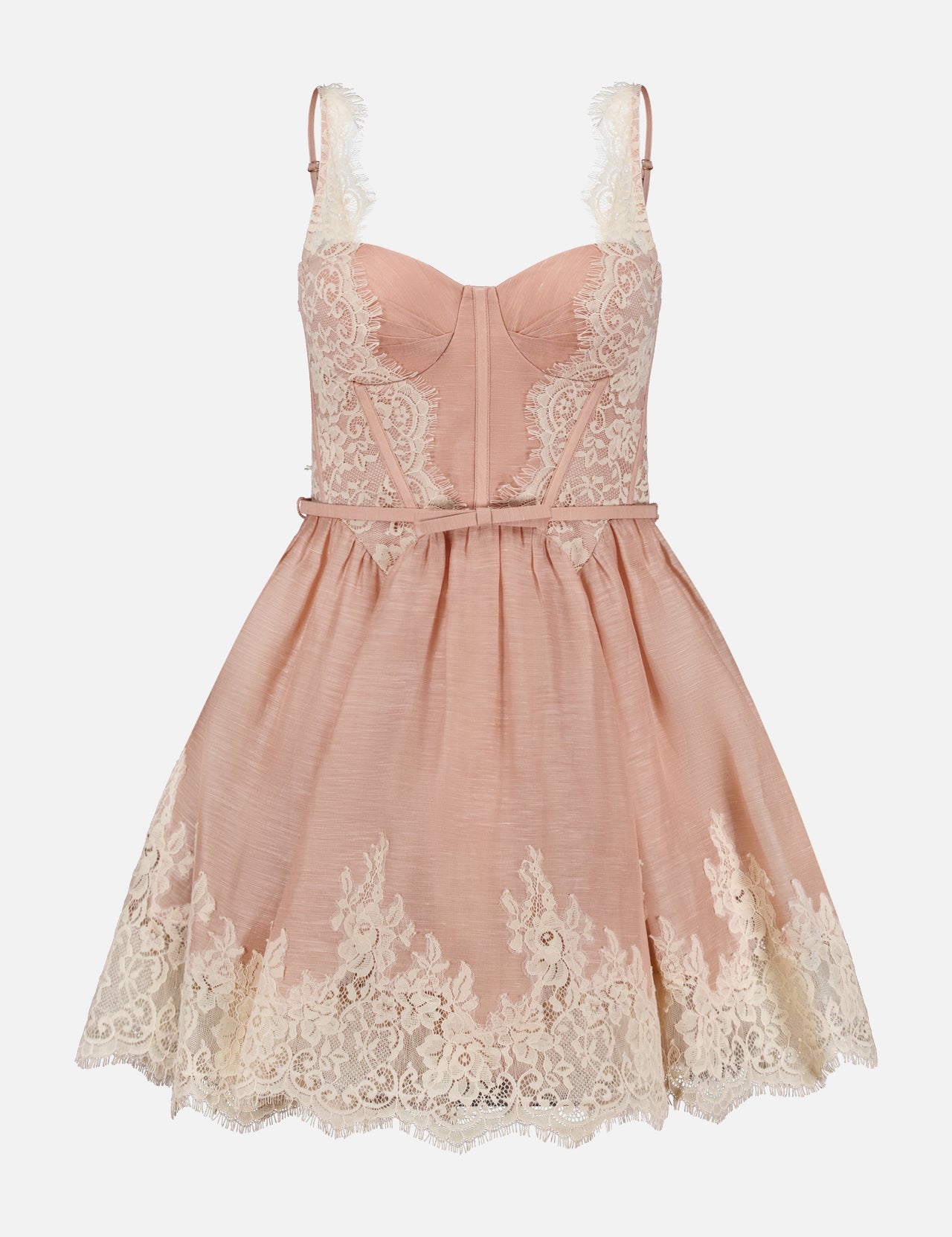 ZIMMERMANN’s Valiant Lace Trim Mini Dress is a blush pink romantic mini dress, featuring a fitted lace bodice with a sweetheart neckline and a flared skirt. Intricate cream lace detailing decorates the hem and bodice, capturing the timeless elegance of ballerinacore style.