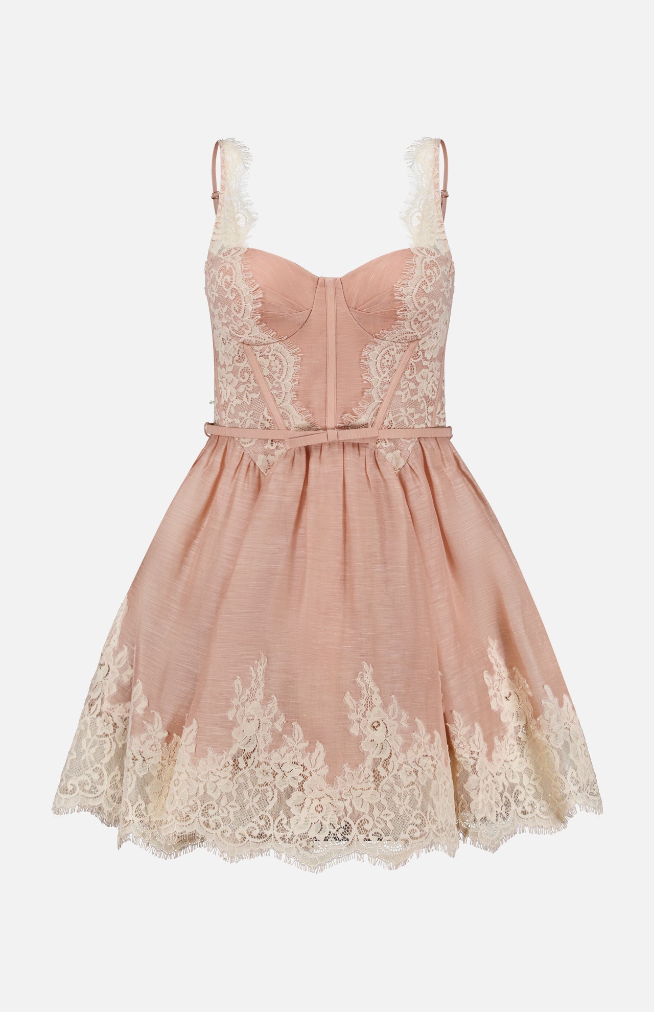 ZIMMERMANN’s Valiant Lace Trim Mini Dress is a blush pink romantic mini dress, featuring a fitted lace bodice with a sweetheart neckline and a flared skirt. Intricate cream lace detailing decorates the hem and bodice, capturing the timeless elegance of ballerinacore style.