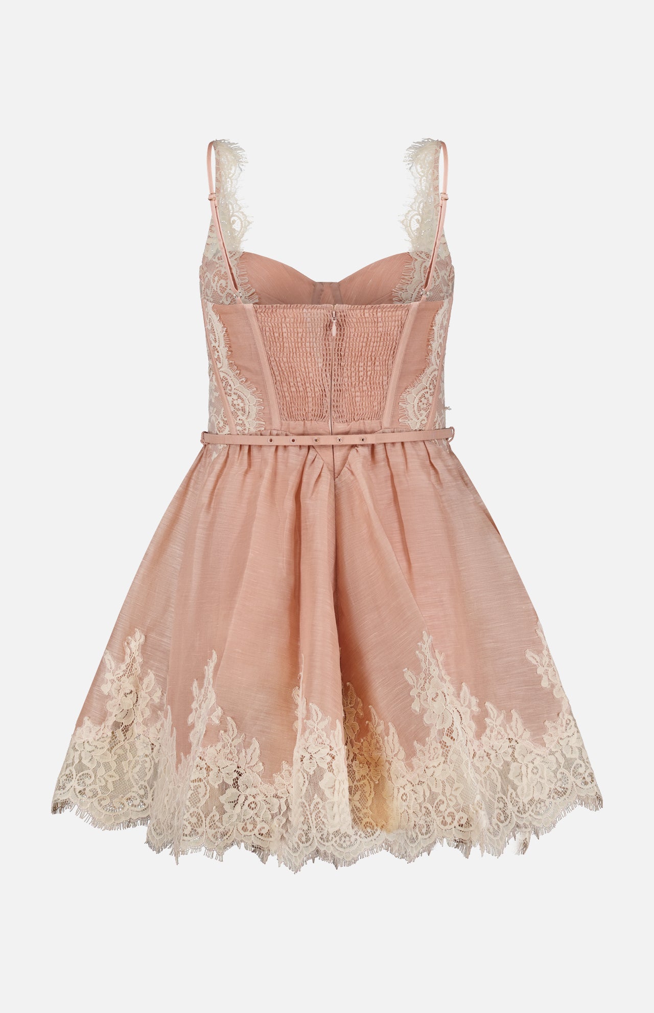 The Valiant Lace Trim Mini Dress by ZIMMERMANN features a pink sleeveless linen-silk design with delicate cream-colored lace accents at the hem and bust. With its fitted bodice, spaghetti straps, and flared skirt, this romantic mini dress exudes a delicate and enchanting charm.