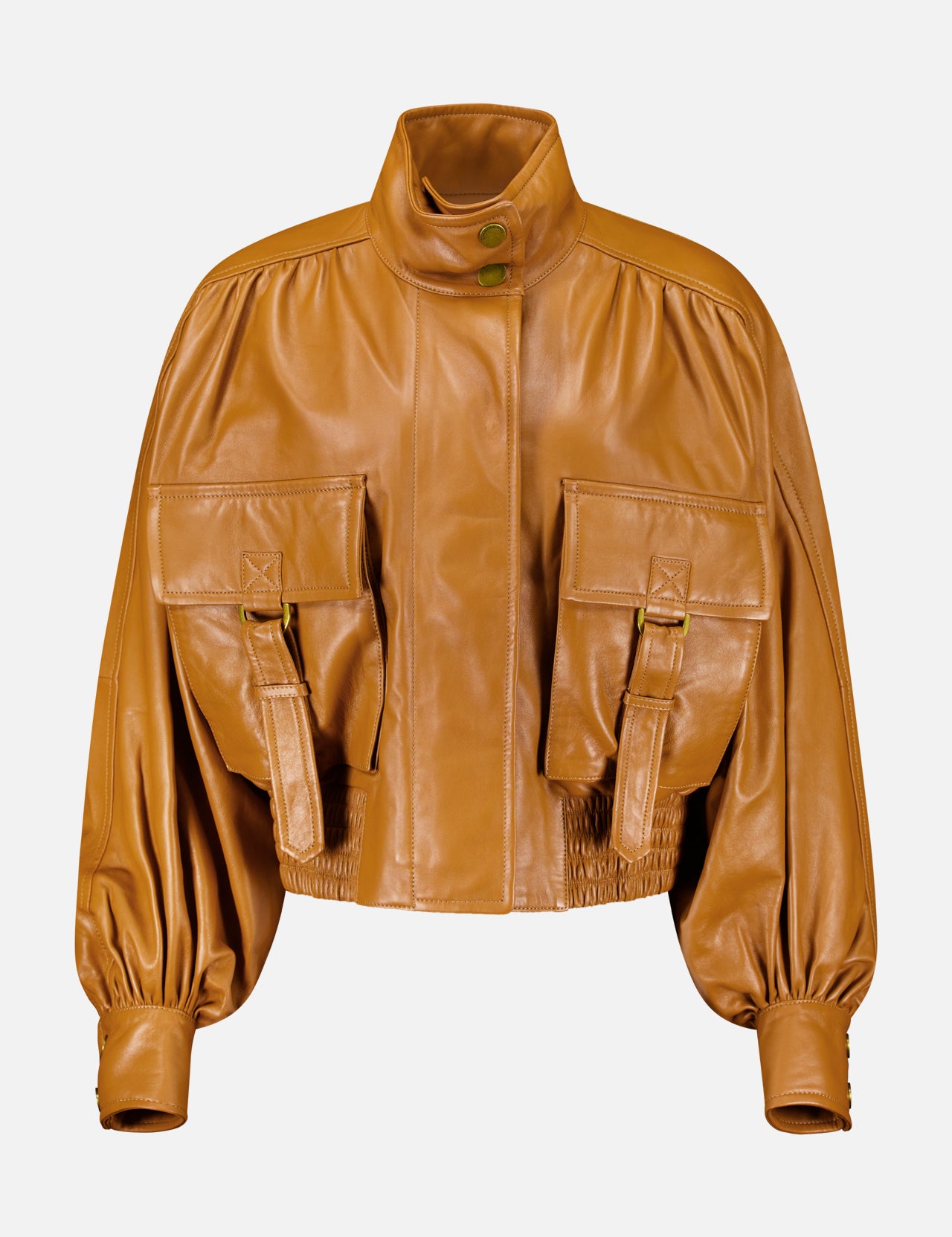 Zimmermann Valiant Leather Biker Jacket in amber, featuring a high collar, puffed sleeves, and two large front flap pockets with buckle straps.