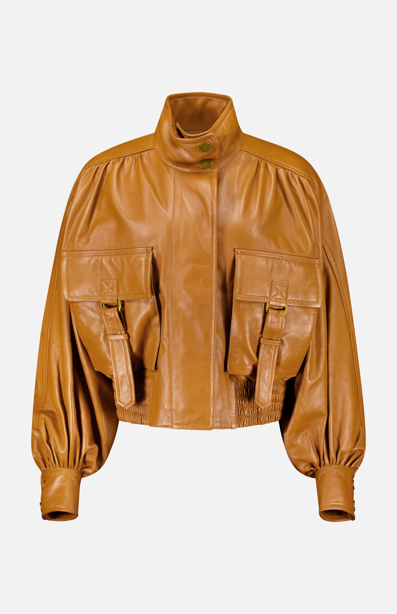 Zimmermann Valiant Leather Biker Jacket in amber, featuring a high collar, puffed sleeves, and two large front flap pockets with buckle straps.
