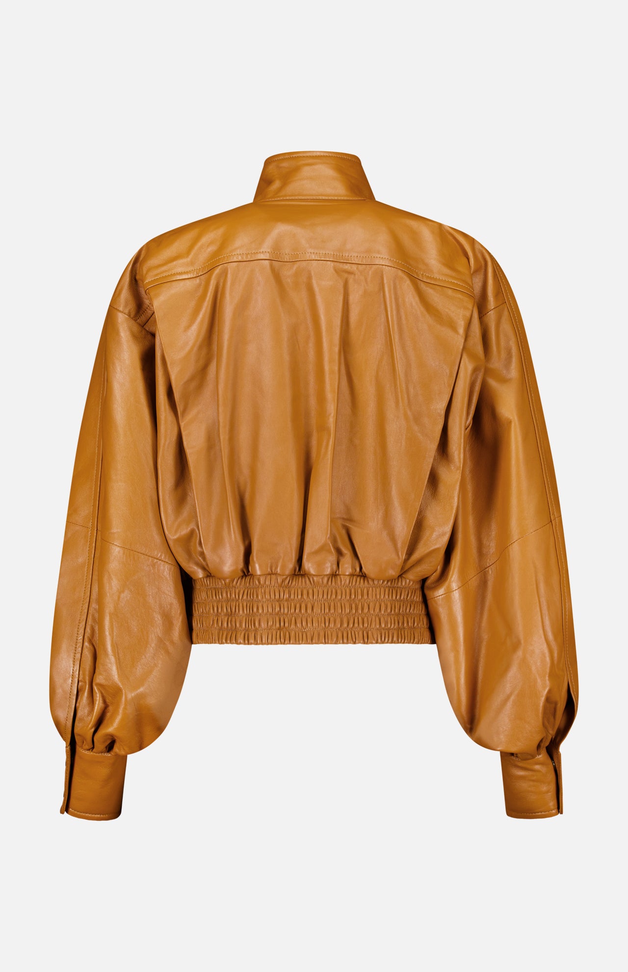 Back view of an amber Zimmermann Valiant Leather Biker Jacket with a high collar, gathered waist, and voluminous sleeves.
