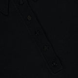 Close-up of the ZIMMERMANN Valiant Merino Lace Dress in black, showcasing its collared neckline and button placket with five matching buttons. The image highlights the refined fabric texture and precise stitch lines, emphasizing the dress’s expert structure and design details characteristic of merino wool craftsmanship.