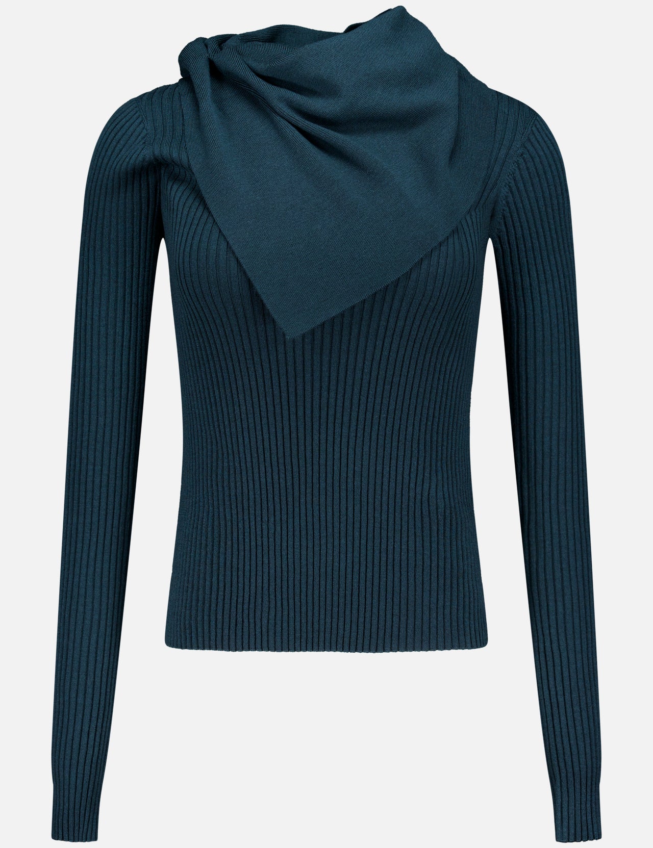 A Valiant Merino Scarf Collar Top by ZIMMERMANN in teal, featuring ribbed long sleeves and a matching scarf draped around the neck, displayed on a plain white background.
