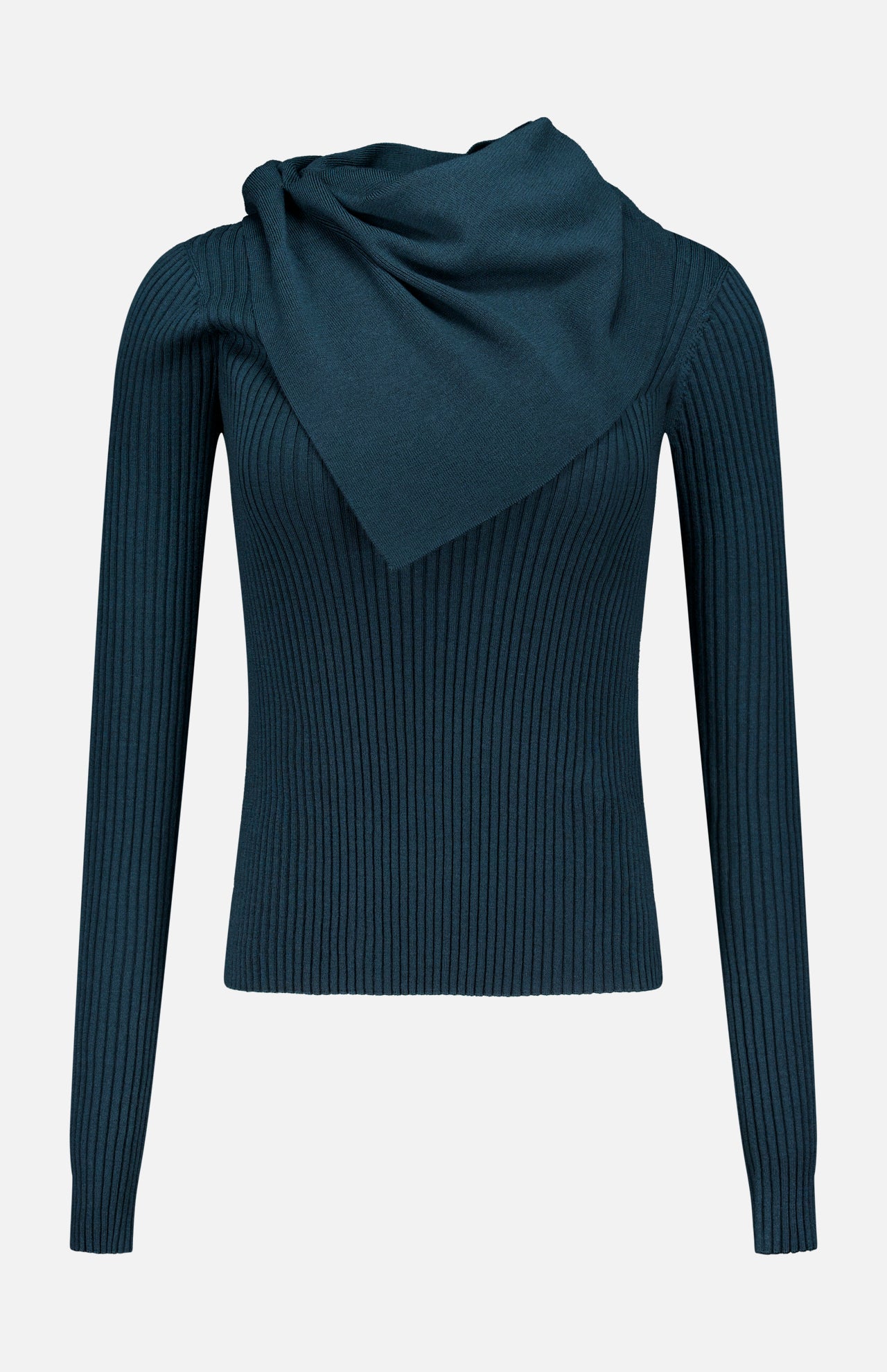 A Valiant Merino Scarf Collar Top by ZIMMERMANN in teal, featuring ribbed long sleeves and a matching scarf draped around the neck, displayed on a plain white background.
