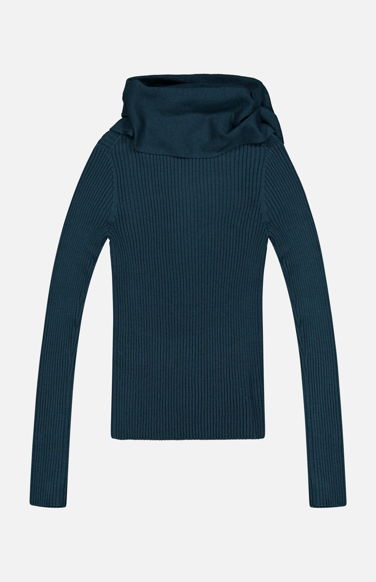 A long-sleeved, ribbed Valiant Merino Scarf Collar Top by ZIMMERMANN in dark teal, featuring a loose turtleneck scarf collar, is laid flat on a light background.
