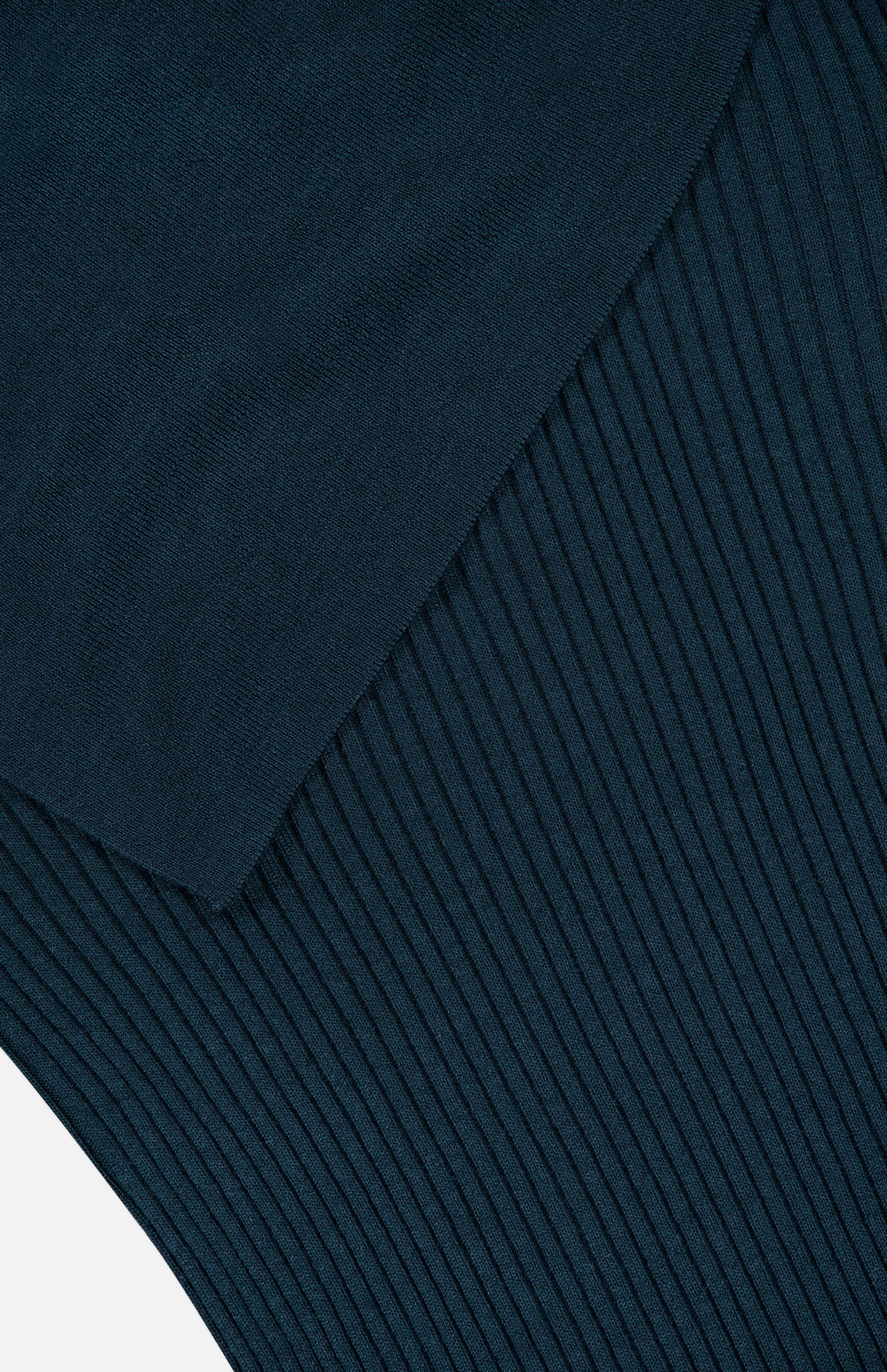 Close-up of the ZIMMERMANN Valiant Merino Scarf Collar Top in dark blue, featuring a striking texture contrast between the smooth and ribbed sections.
