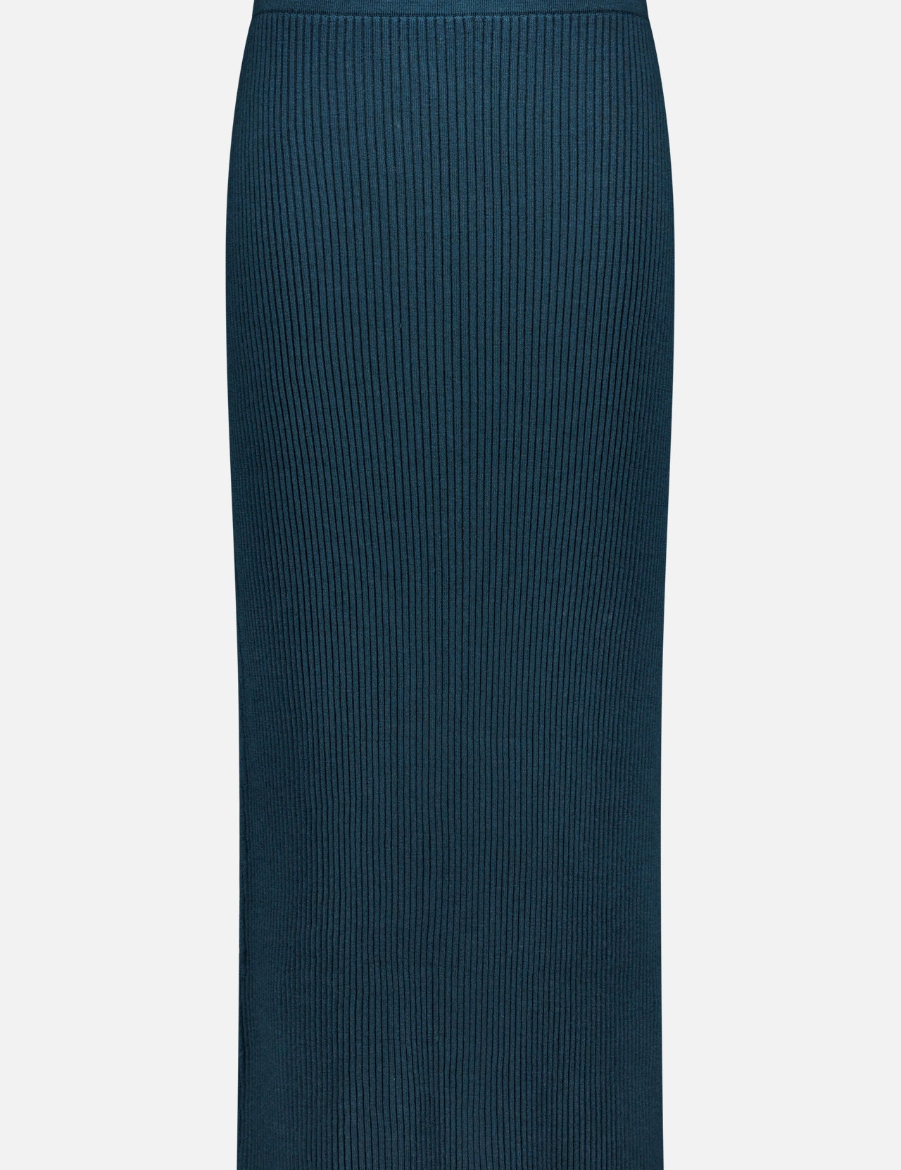 The Valiant Merino Straight Midi Skirt by ZIMMERMANN is displayed against a white background. This high-waisted, dark teal skirt features a long, ribbed design with a slim, straight silhouette and an elastic waistband, offering a clean look without visible embellishments or fastenings.