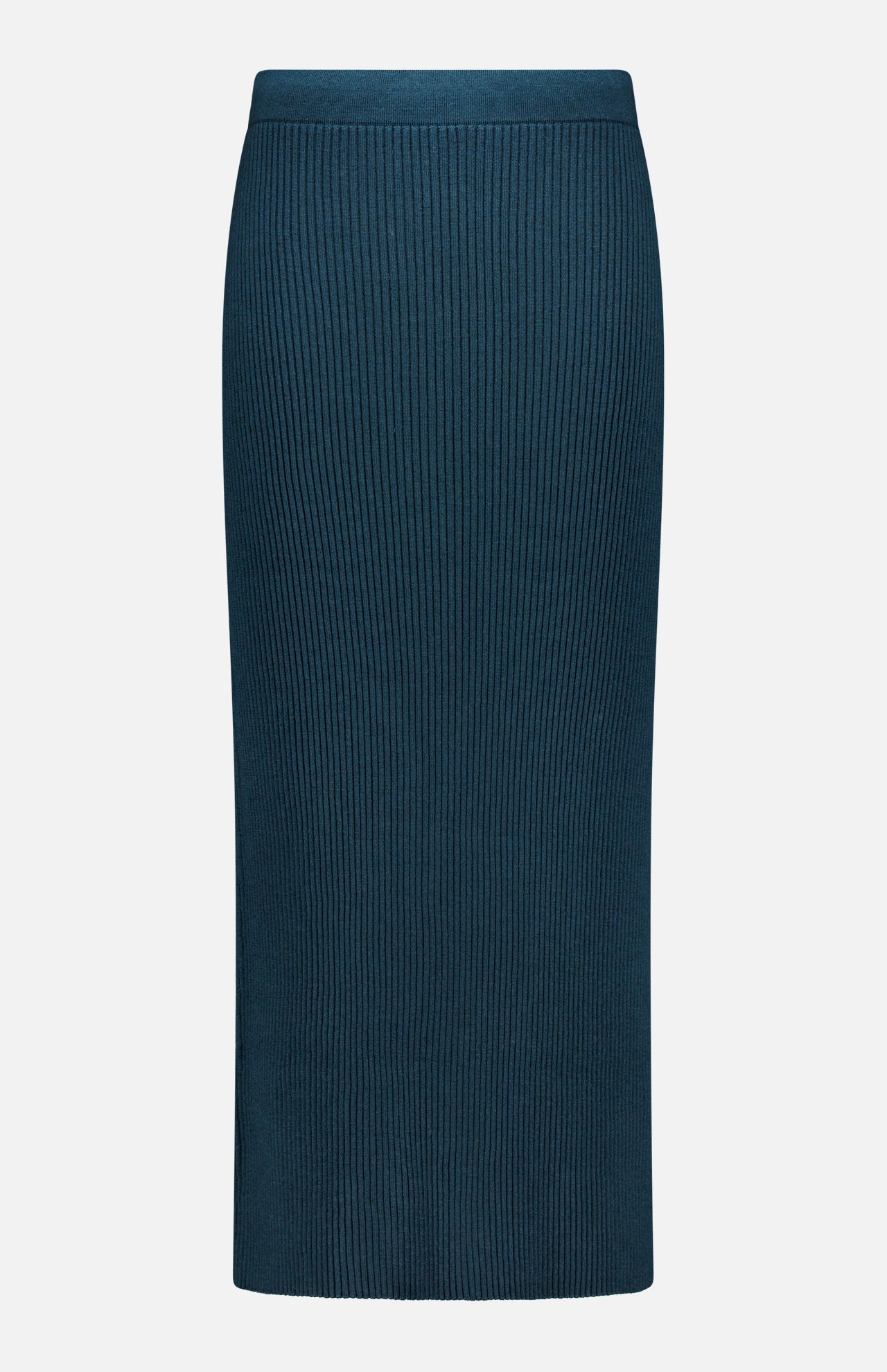 The Valiant Merino Straight Midi Skirt by ZIMMERMANN is displayed against a white background. This high-waisted, dark teal skirt features a long, ribbed design with a slim, straight silhouette and an elastic waistband, offering a clean look without visible embellishments or fastenings.