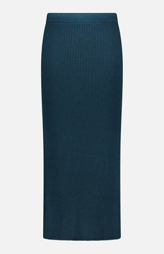 The Valiant Merino Straight Midi Skirt by ZIMMERMANN is displayed against a white background. This high-waisted, dark teal skirt features a long, ribbed design with a slim, straight silhouette and an elastic waistband, offering a clean look without visible embellishments or fastenings.