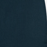Close-up of the ZIMMERMANN Valiant Merino Straight Midi Skirt in dark teal, highlighting its ribbed knit merino wool fabric with vertical textured lines and a plain waistband at the top.