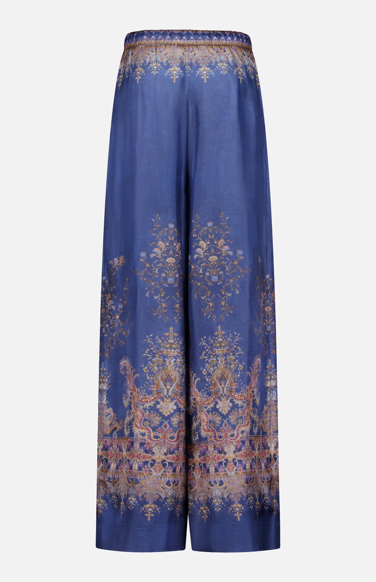 Crafted by ZIMMERMANN, the Valiant Paisley Print Track Pant showcases a striking navy paisley print with delicate gold and pink floral accents. These high-rise, wide-leg silk pants feature an elasticized waistband and slightly cropped length for effortless comfort, offering a luxurious drape that elevates any ensemble.