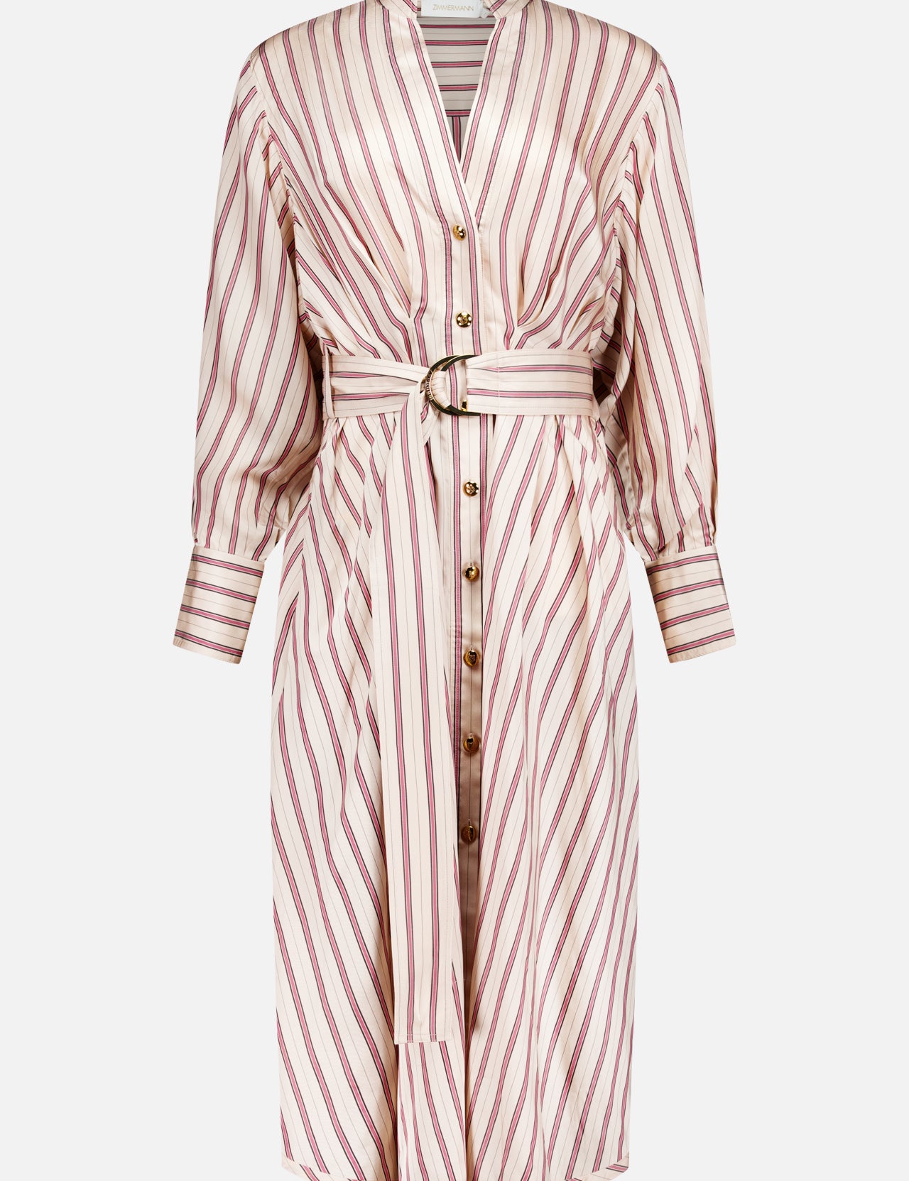Introducing the ZIMMERMANN Valiant Tuck Striped Shirt Dress—a long-sleeved, button-down midi dress featuring striking vertical rose stripes in red and white. This elegant style includes a belted waist, cuffed sleeves, a flattering v-neckline, and gold buttons along the front for a polished finish.