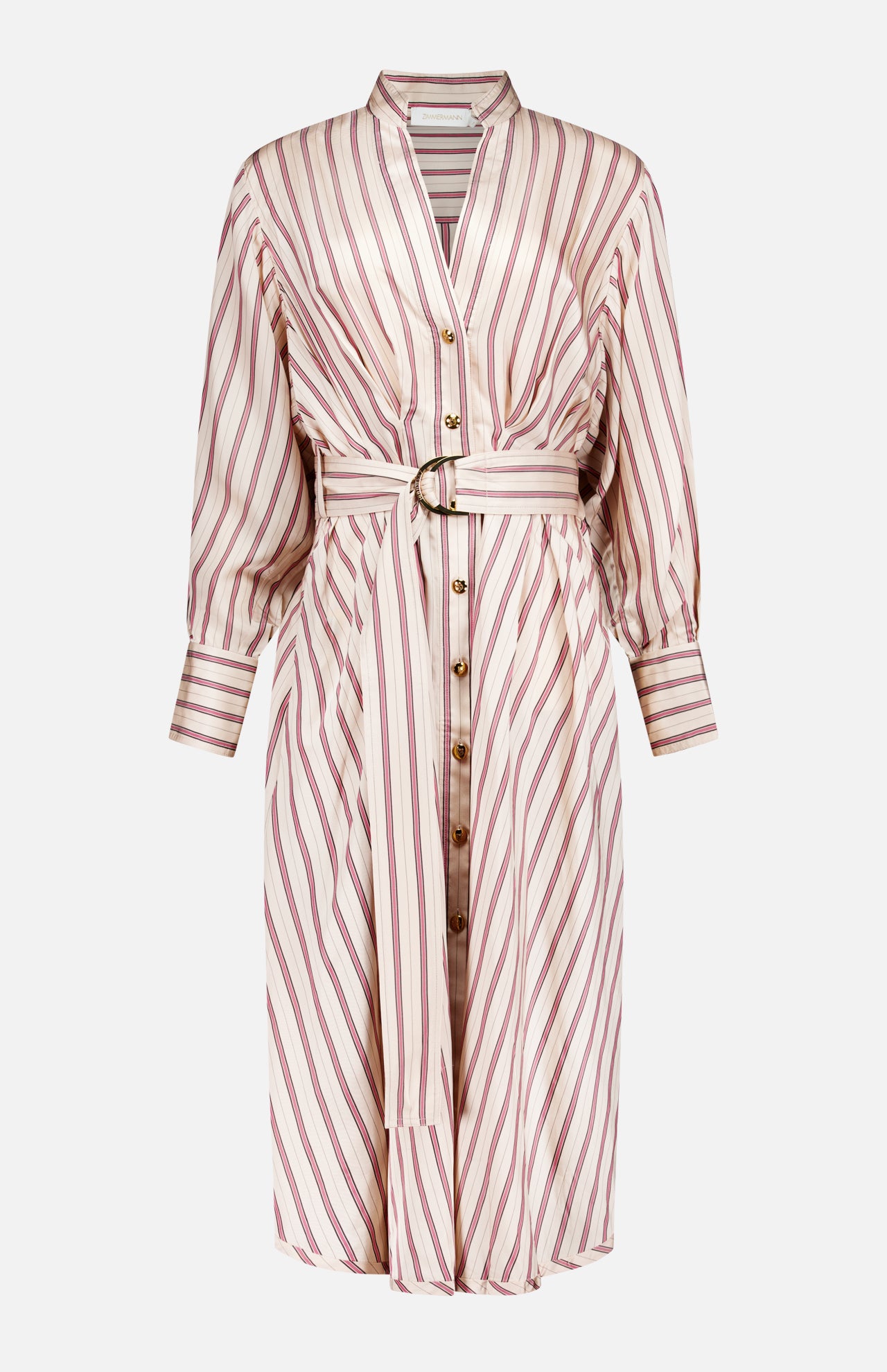 Introducing the ZIMMERMANN Valiant Tuck Striped Shirt Dress—a long-sleeved, button-down midi dress featuring striking vertical rose stripes in red and white. This elegant style includes a belted waist, cuffed sleeves, a flattering v-neckline, and gold buttons along the front for a polished finish.