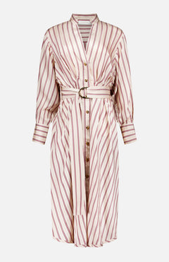 Introducing the ZIMMERMANN Valiant Tuck Striped Shirt Dress—a long-sleeved, button-down midi dress featuring striking vertical rose stripes in red and white. This elegant style includes a belted waist, cuffed sleeves, a flattering v-neckline, and gold buttons along the front for a polished finish.