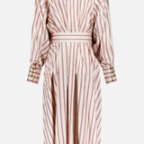 Here’s a rewritten version using the provided product data: The ZIMMERMANN Valiant Tuck Striped Shirt Dress is a long-sleeve midi dress with vertical maroon and white rose stripes, buttoned cuffs, a belted waist, and a pleated skirt, shown from the back.