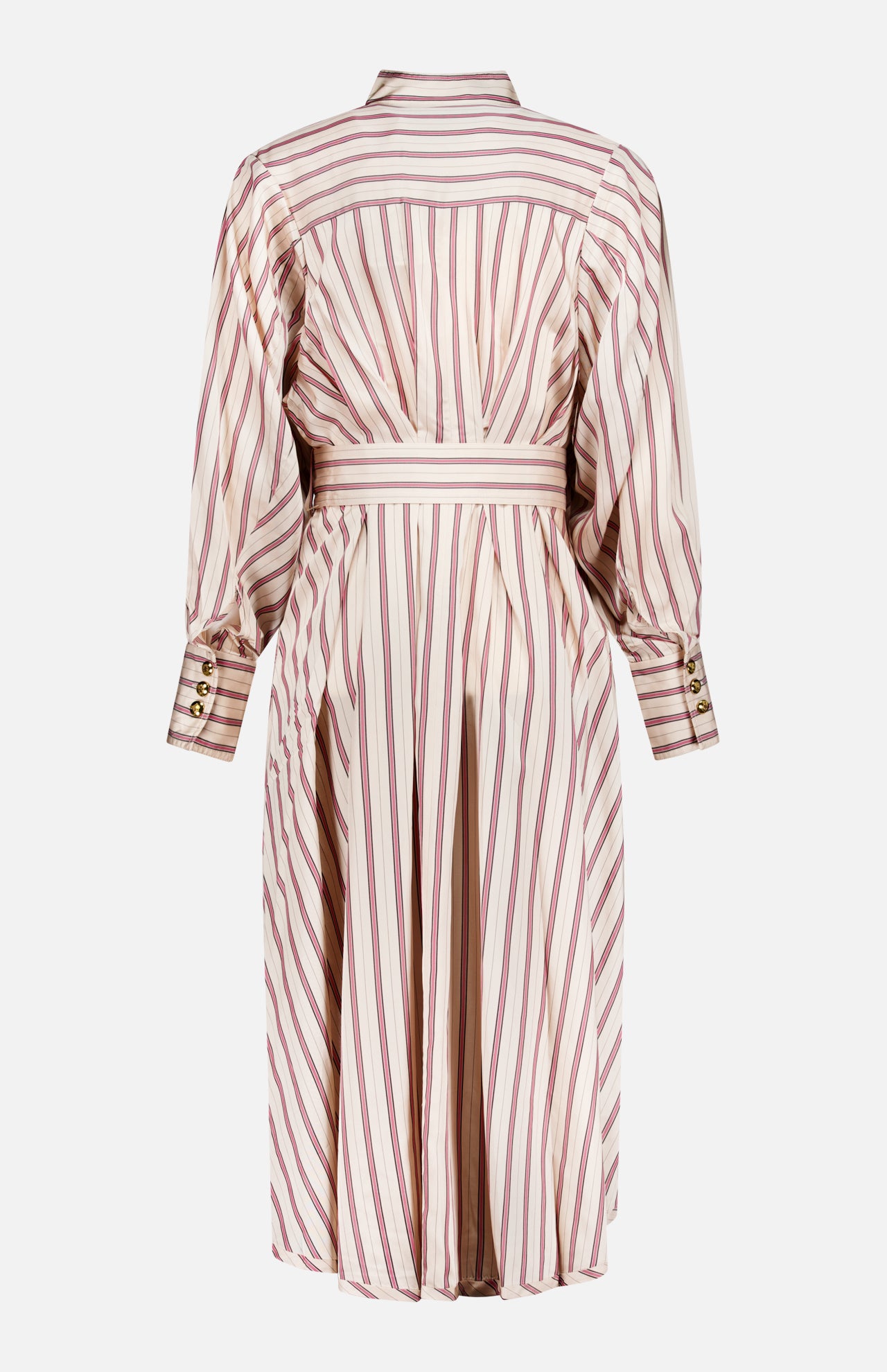 Here’s a rewritten version using the provided product data: The ZIMMERMANN Valiant Tuck Striped Shirt Dress is a long-sleeve midi dress with vertical maroon and white rose stripes, buttoned cuffs, a belted waist, and a pleated skirt, shown from the back.