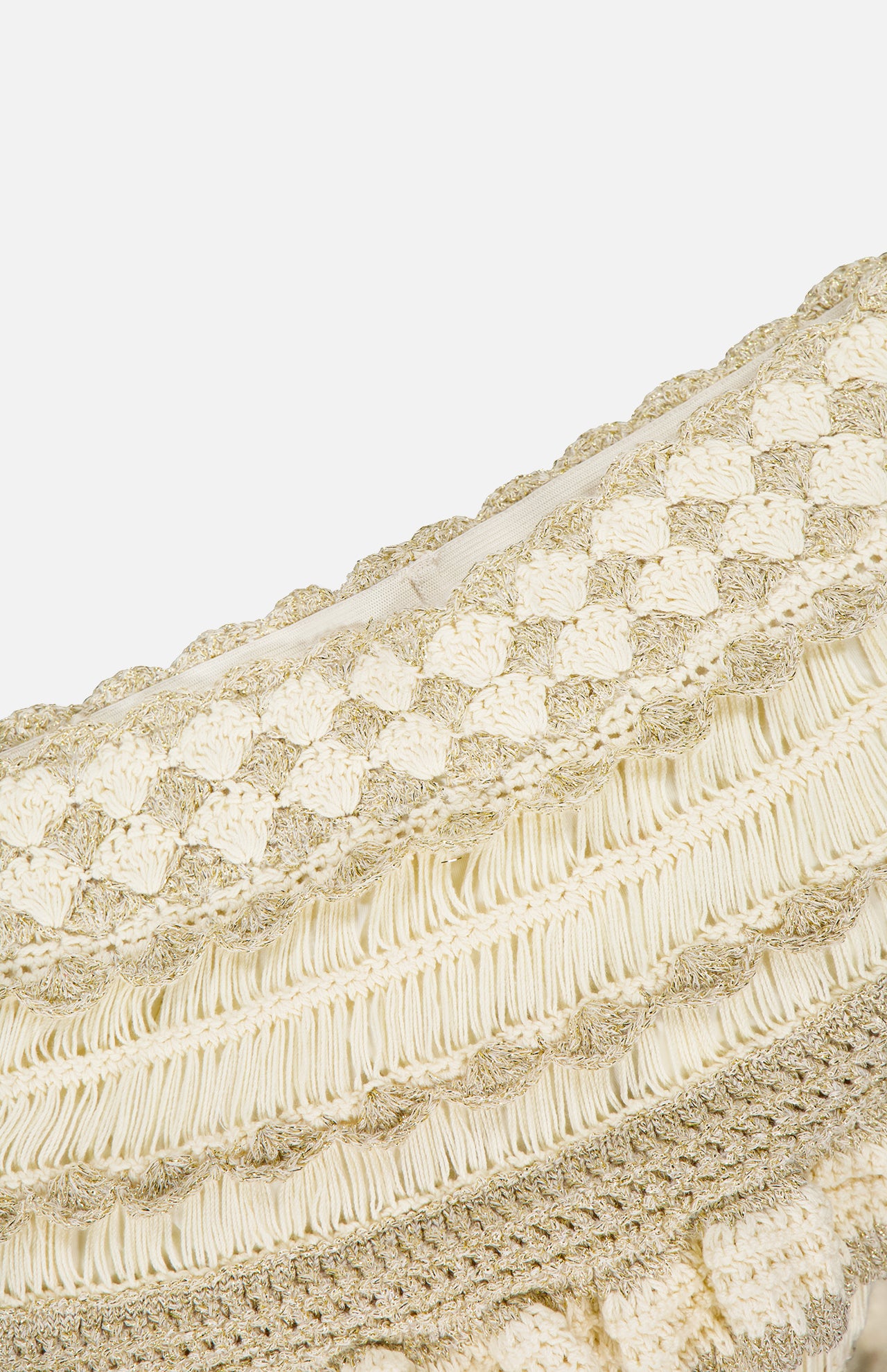 Close-up of the ZIMMERMANN Wanderlust Crochet Midi Skirt, featuring cream, gold, and metallic threads with braided, fringed, and textured horizontal patterns—crocheted design set against a white background.