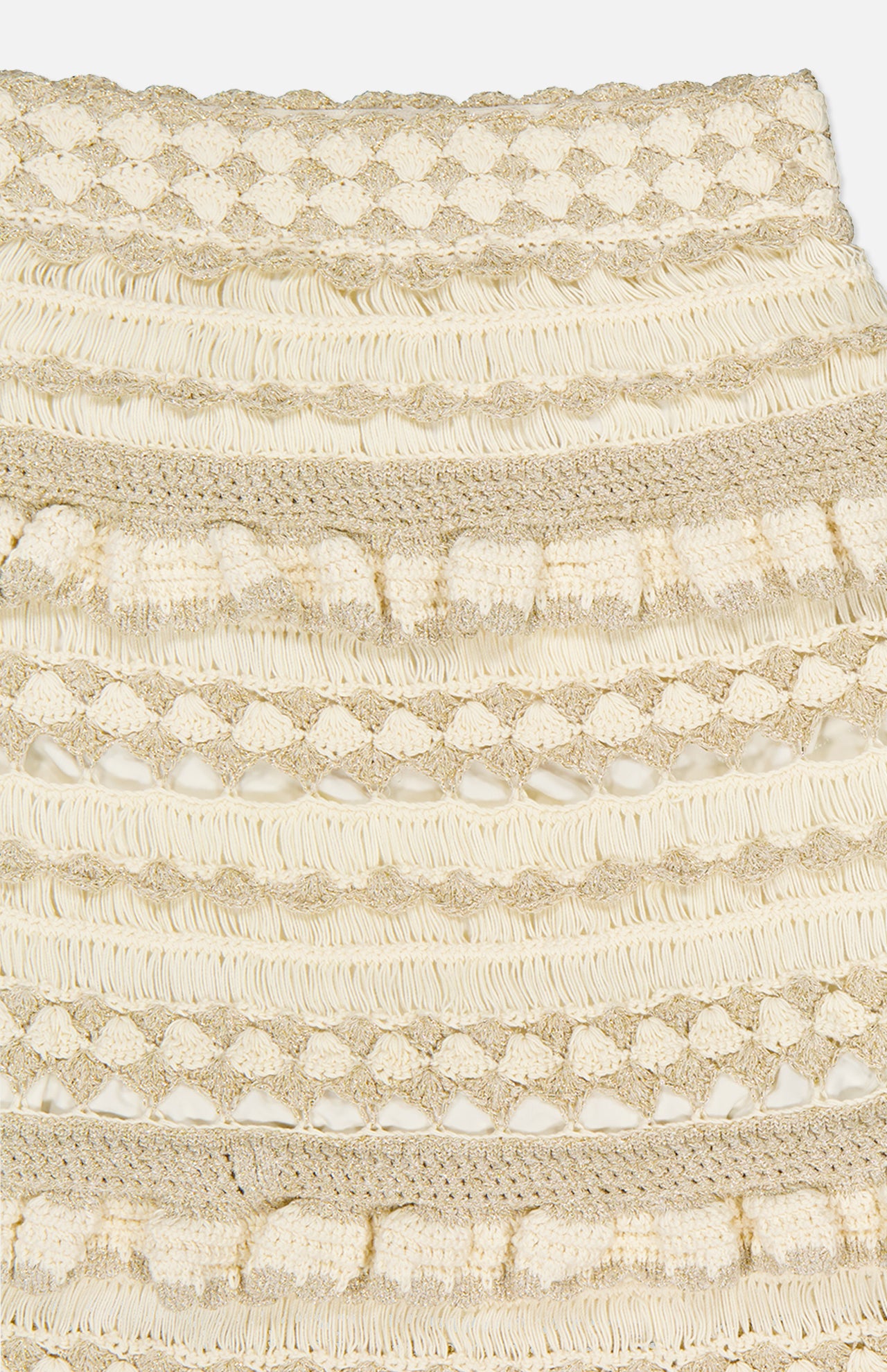 Close-up of the Wanderlust Crochet Midi Skirt by ZIMMERMANN, showcasing textured fabric with alternating cream and gold lace rows woven with metallic threads—ideal for an elegant crochet midi skirt design.