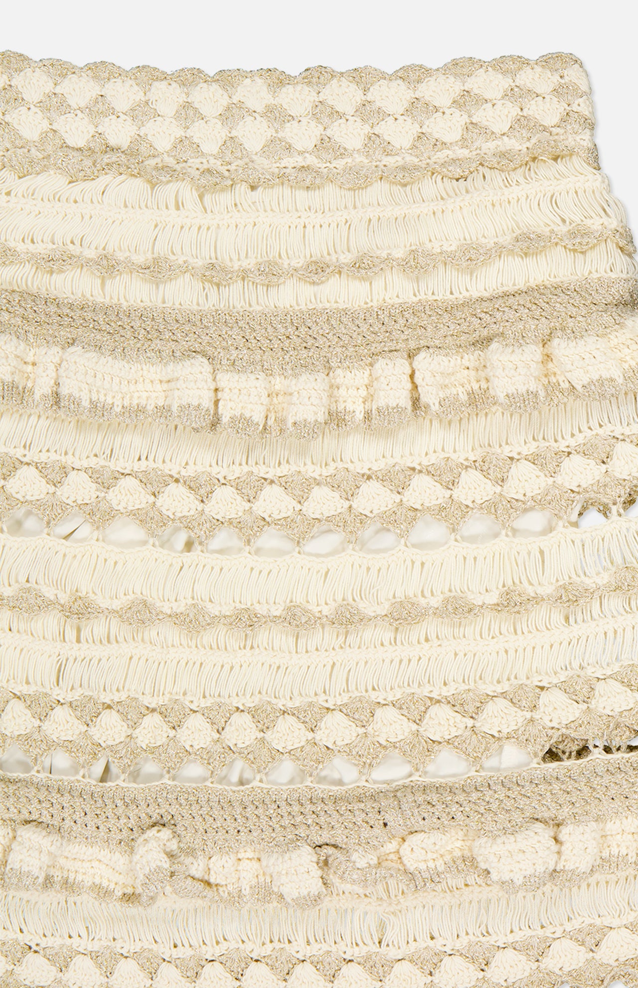 Close-up of the Wanderlust Crochet Midi Skirt by ZIMMERMANN, showcasing cream and gold woven trim with metallic threads, ruffled details, and varied textures in horizontal layers against a white background.