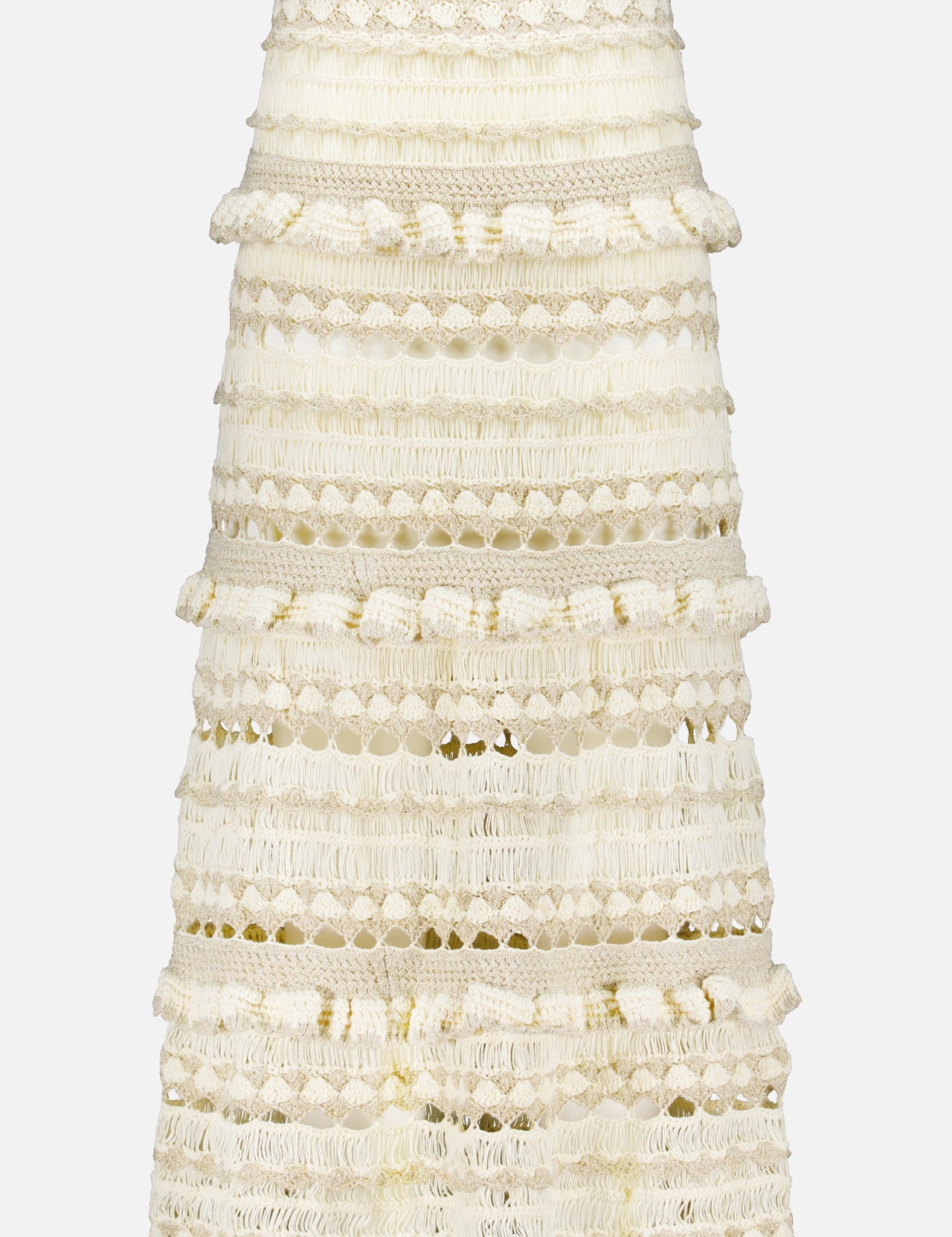 The Wanderlust Crochet Midi Skirt by ZIMMERMANN is a cream-colored, high-waisted midi with textured horizontal patterns, decorative loops for a layered 3D look, a fitted silhouette, and a subtly flared hem.