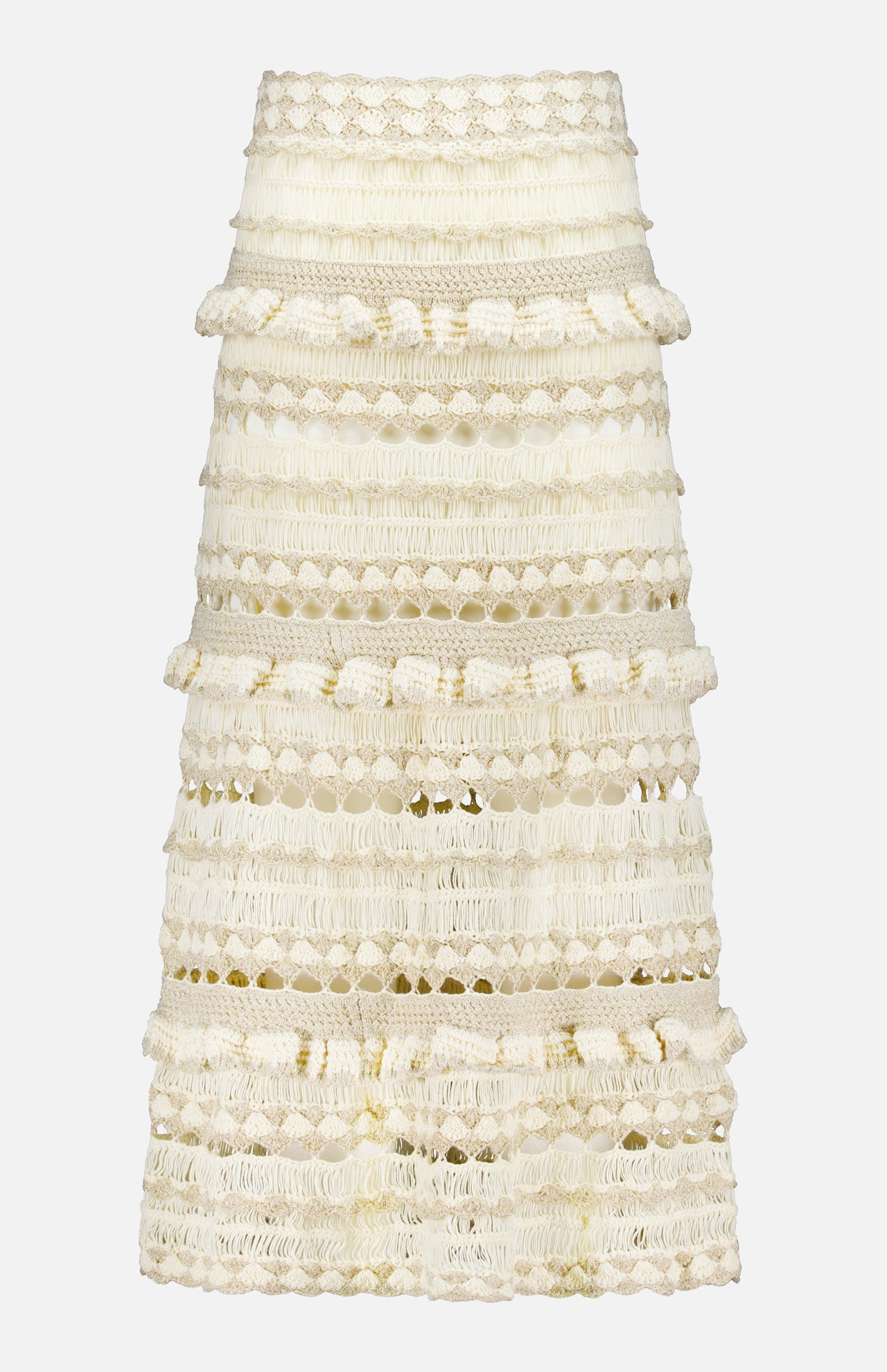 The Wanderlust Crochet Midi Skirt by ZIMMERMANN is a cream-colored, high-waisted midi with textured horizontal patterns, decorative loops for a layered 3D look, a fitted silhouette, and a subtly flared hem.
