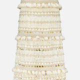 The Wanderlust Crochet Midi Skirt by ZIMMERMANN is a beige crochet-inspired midi with horizontal openwork bands and subtle metallic threads for shimmer.