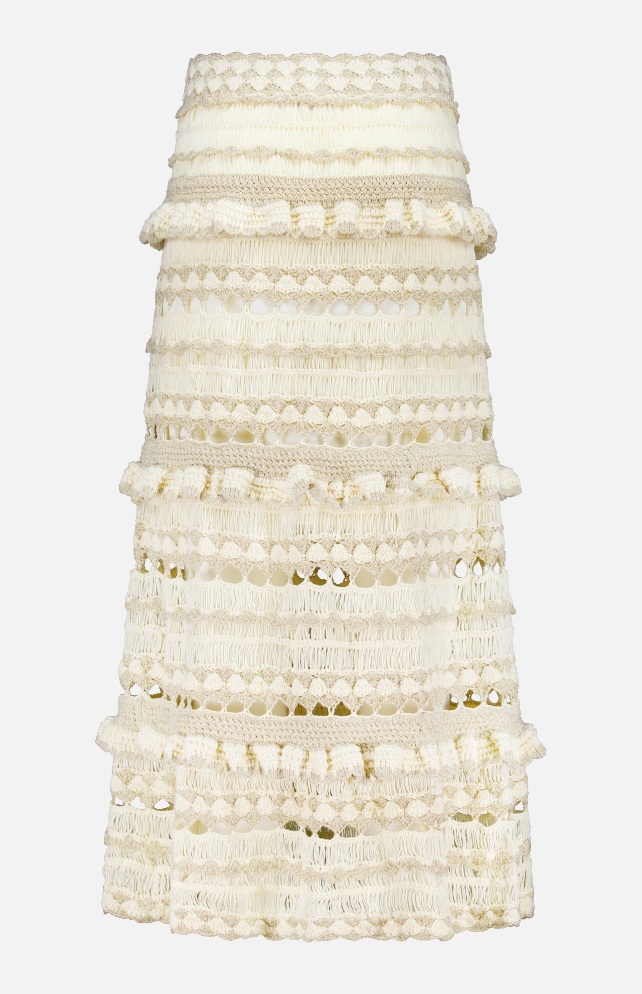 The Wanderlust Crochet Midi Skirt by ZIMMERMANN is a beige crochet-inspired midi with horizontal openwork bands and subtle metallic threads for shimmer.