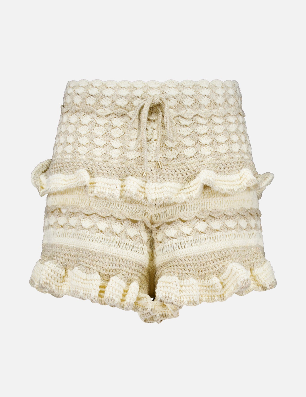 The ZIMMERMANN Wanderlust Crochet Short features a cream hue, high waist, textured crochet pattern, ruffled hems and sides, plus a drawstring waist—perfect summer shorts shown on a plain white background.