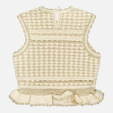 The ZIMMERMANN Wanderlust Crochet Tank Top features a cream hue, sleeveless design, scalloped pattern, peplum hem, and a keyhole button closure at the back neckline.