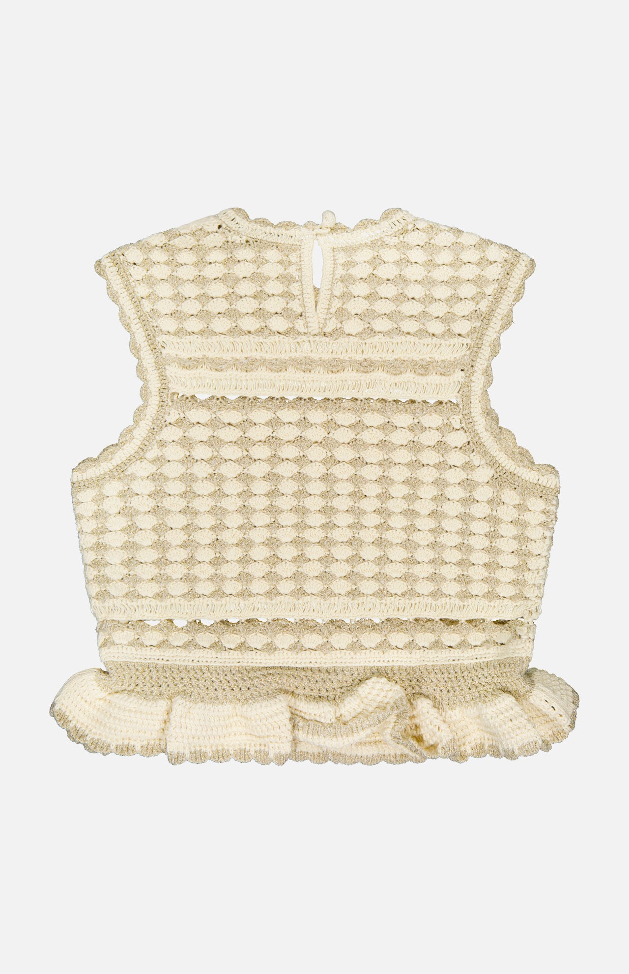 The ZIMMERMANN Wanderlust Crochet Tank Top features a cream hue, sleeveless design, scalloped pattern, peplum hem, and a keyhole button closure at the back neckline.