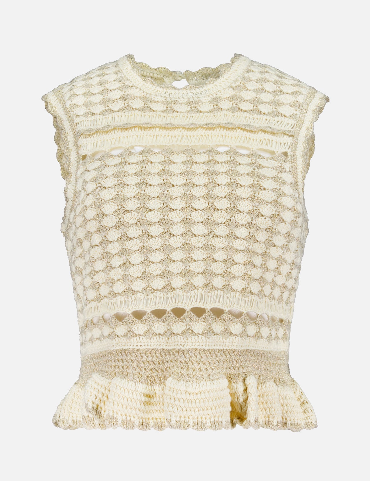 The ZIMMERMANN Wanderlust Crochet Tank Top is a sleeveless, cream top featuring intricate crochet patterns, a round neckline, scalloped edges, and a ruffled peplum hem.